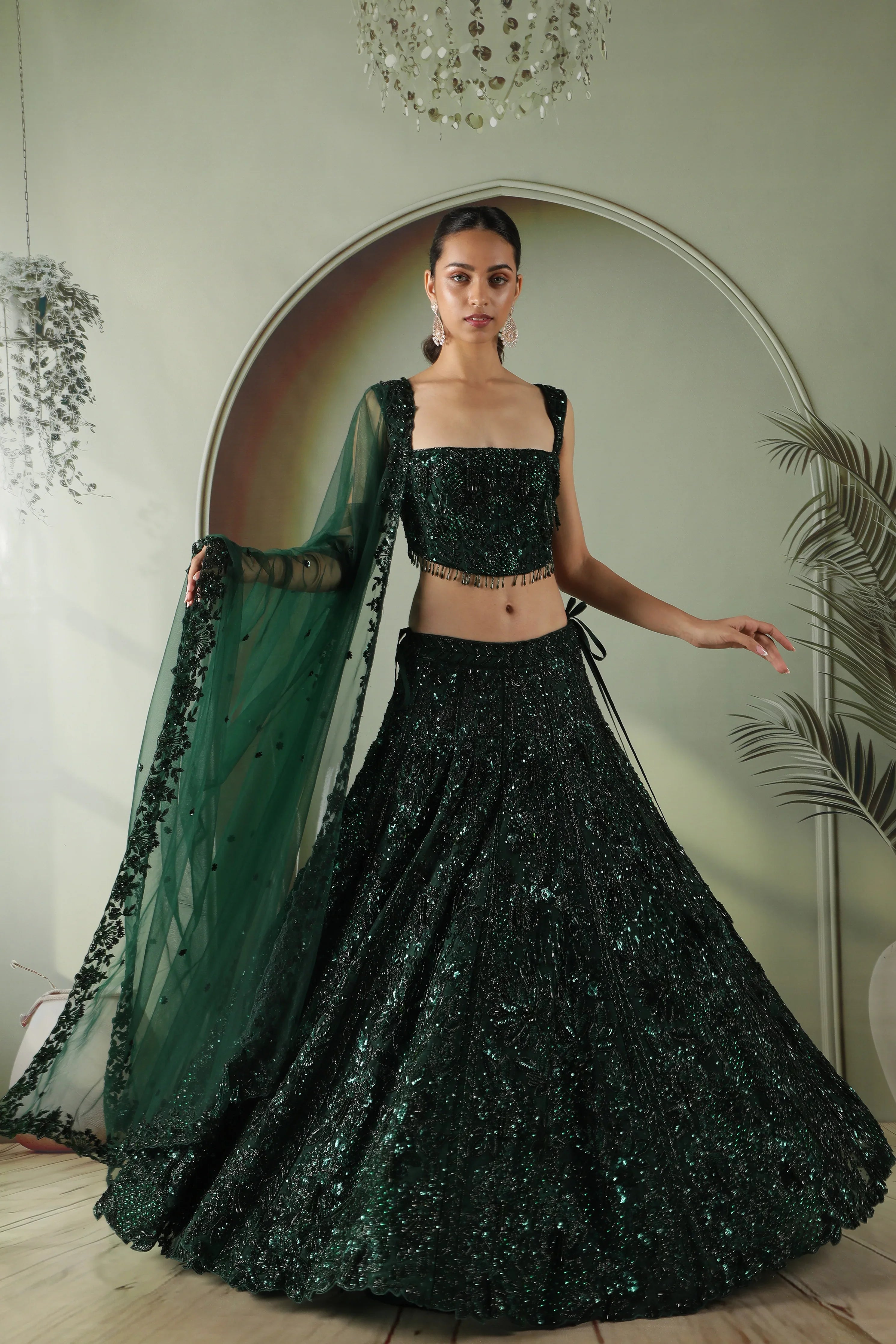 Bottle Green Net Lehenga Set with Sequin & Pearl Embroidery - Mokshaa