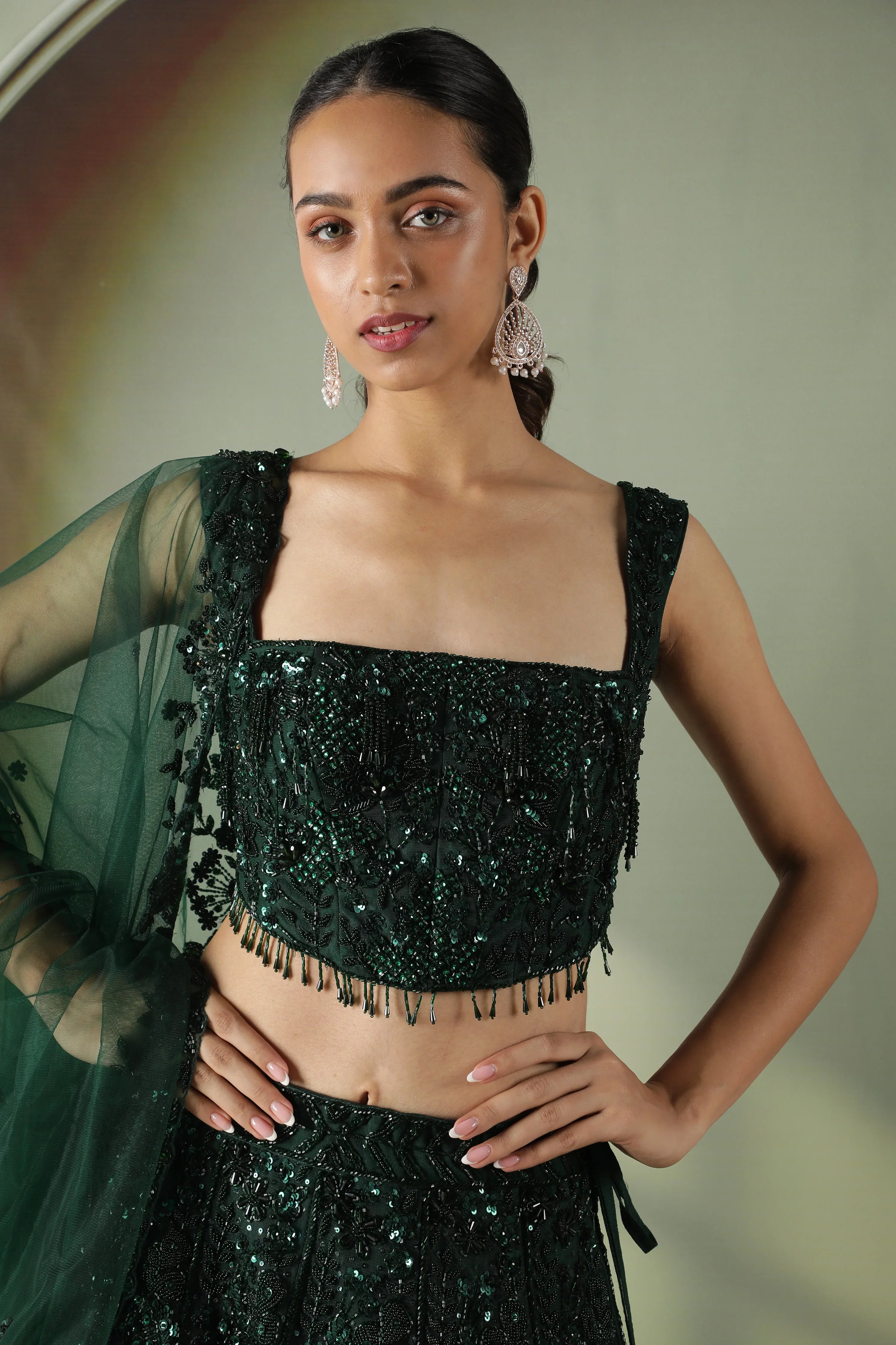Bottle Green Net Lehenga Set with Sequin & Pearl Embroidery - Mokshaa