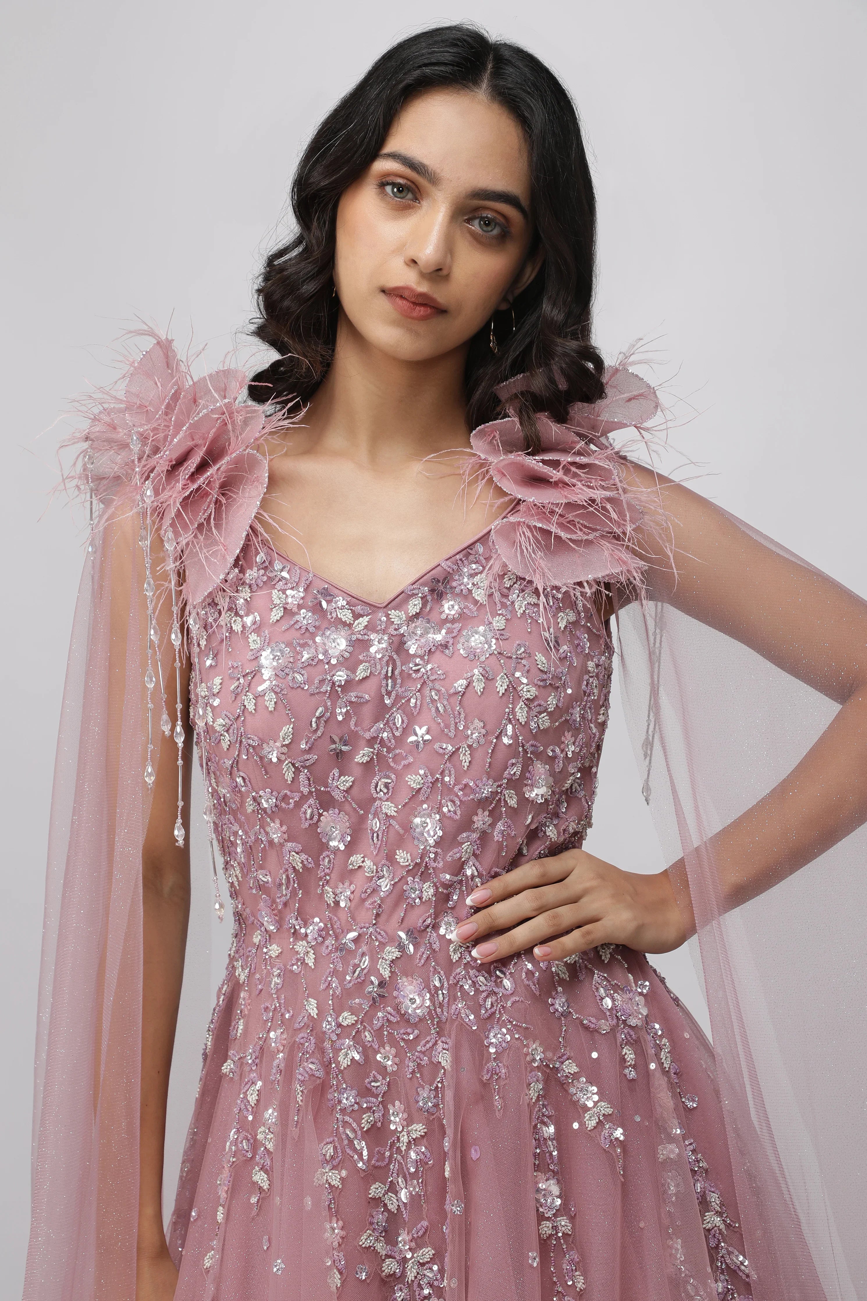 Dusty Lavender Net Gown with Pearl and Sequin Embellishments - Mokshaa