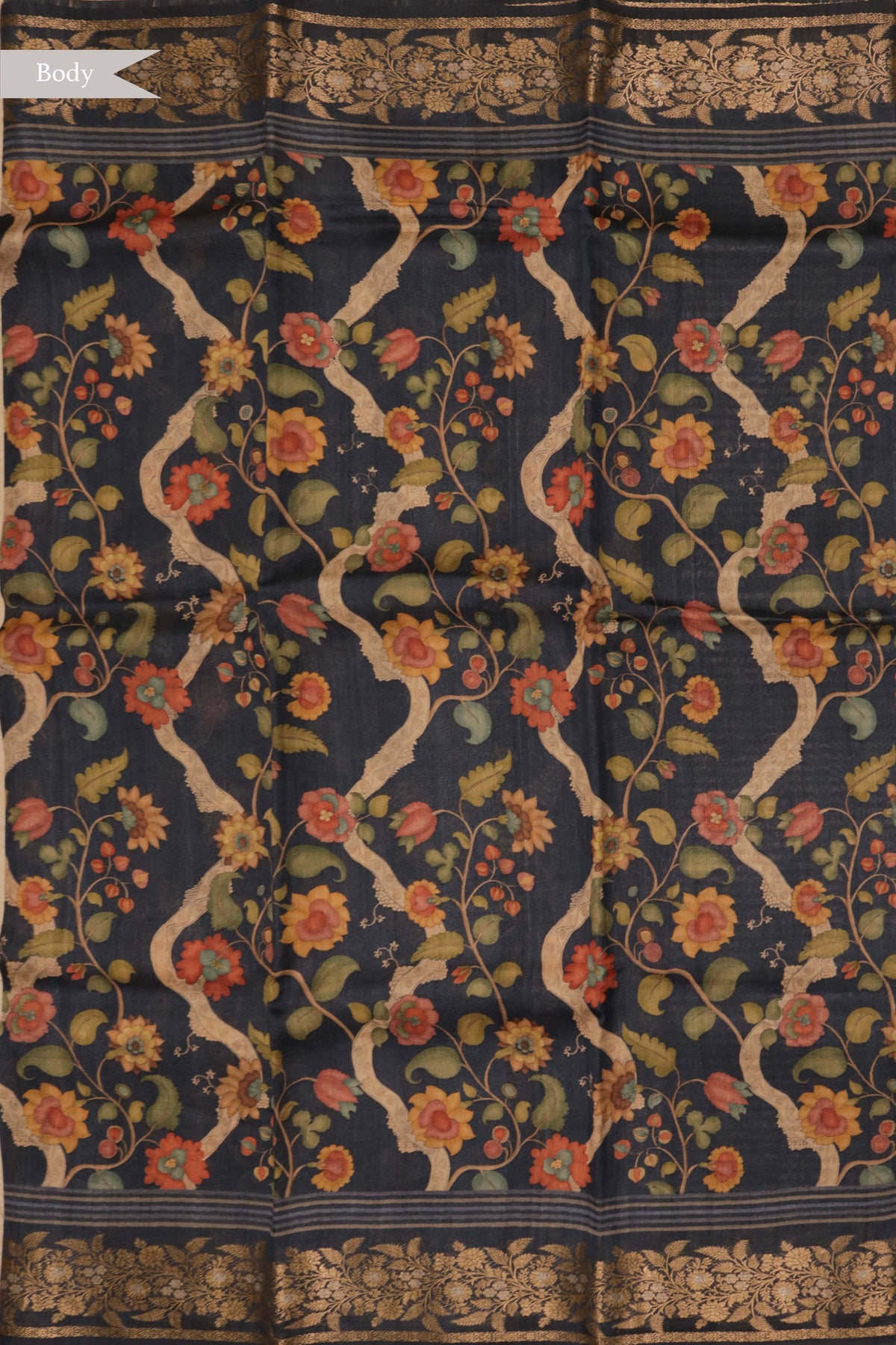 Dark Blue Kalamkari Tussar Silk Saree - Mokshaa