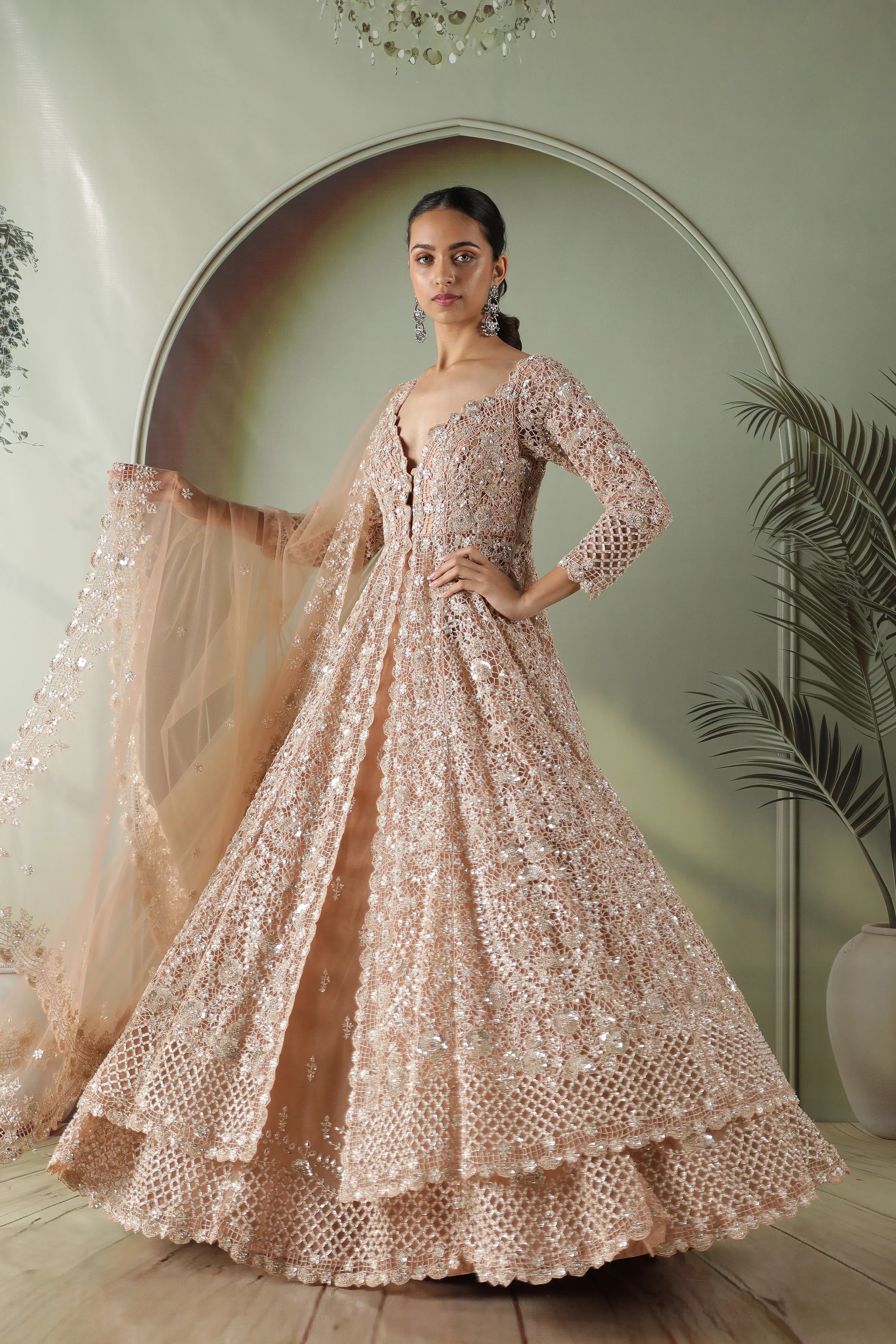 Dusty Peach Net Jacket Lehenga set - Mokshaa
