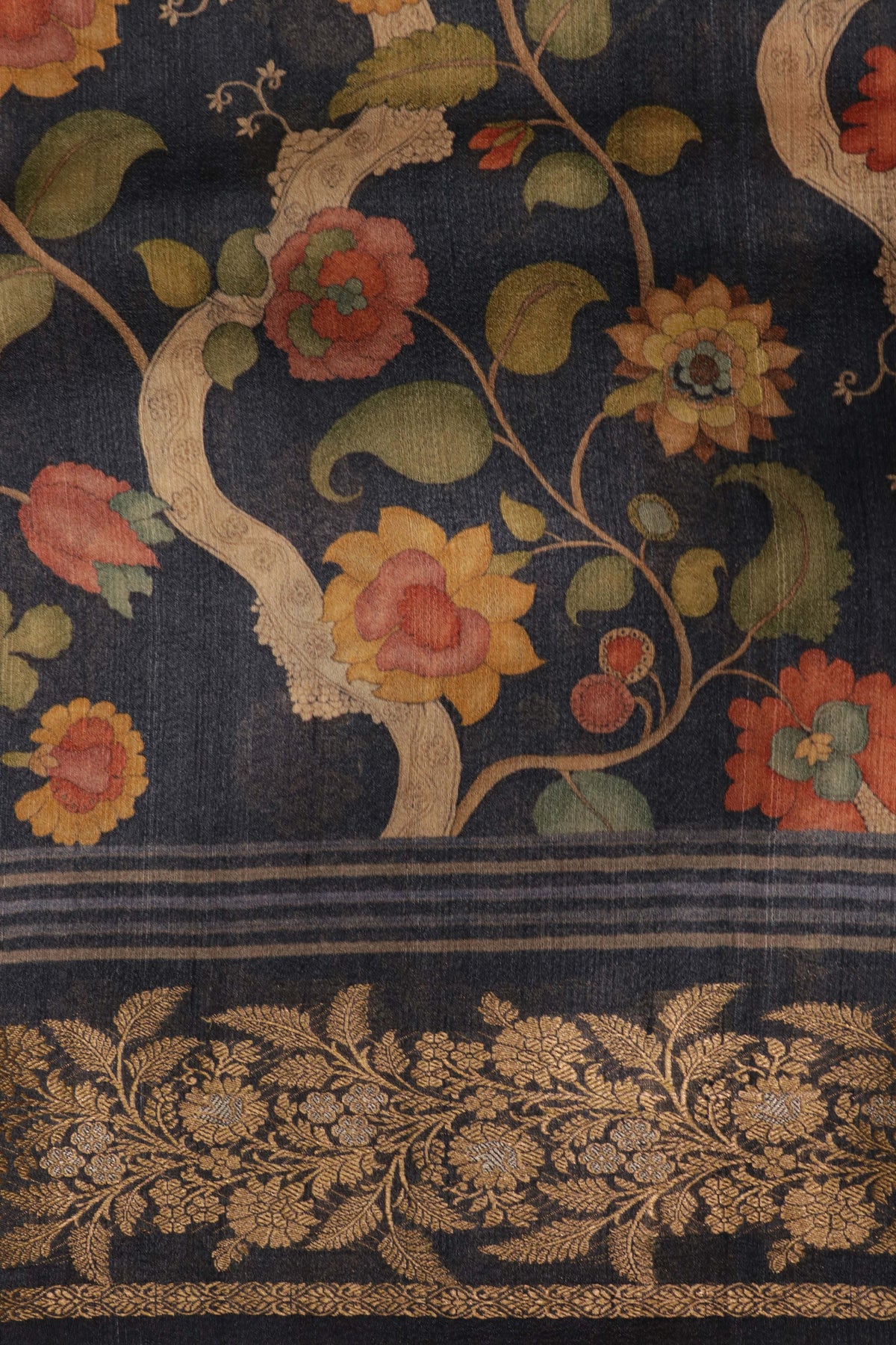 Dark Blue Kalamkari Tussar Silk Saree - Mokshaa
