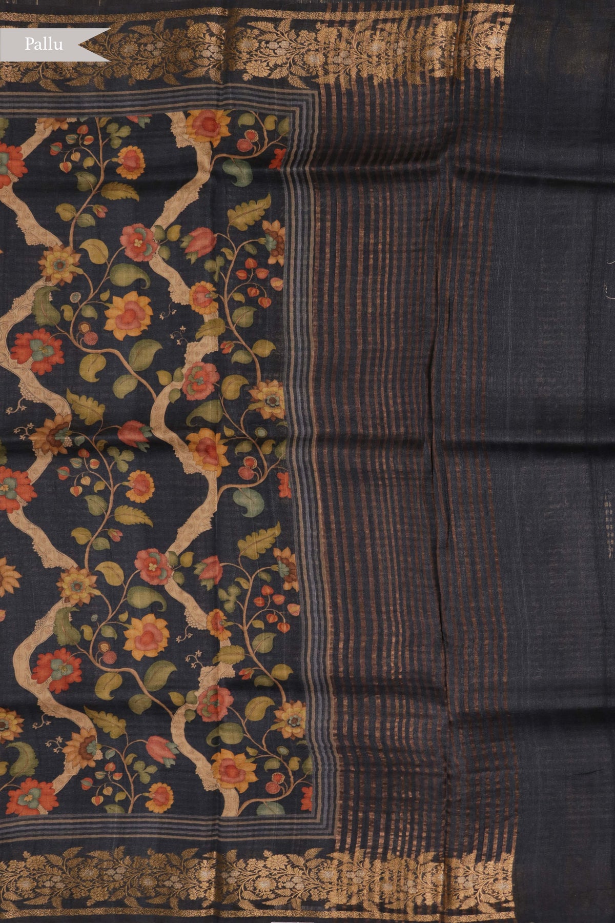 Dark Blue Kalamkari Tussar Silk Saree - Mokshaa