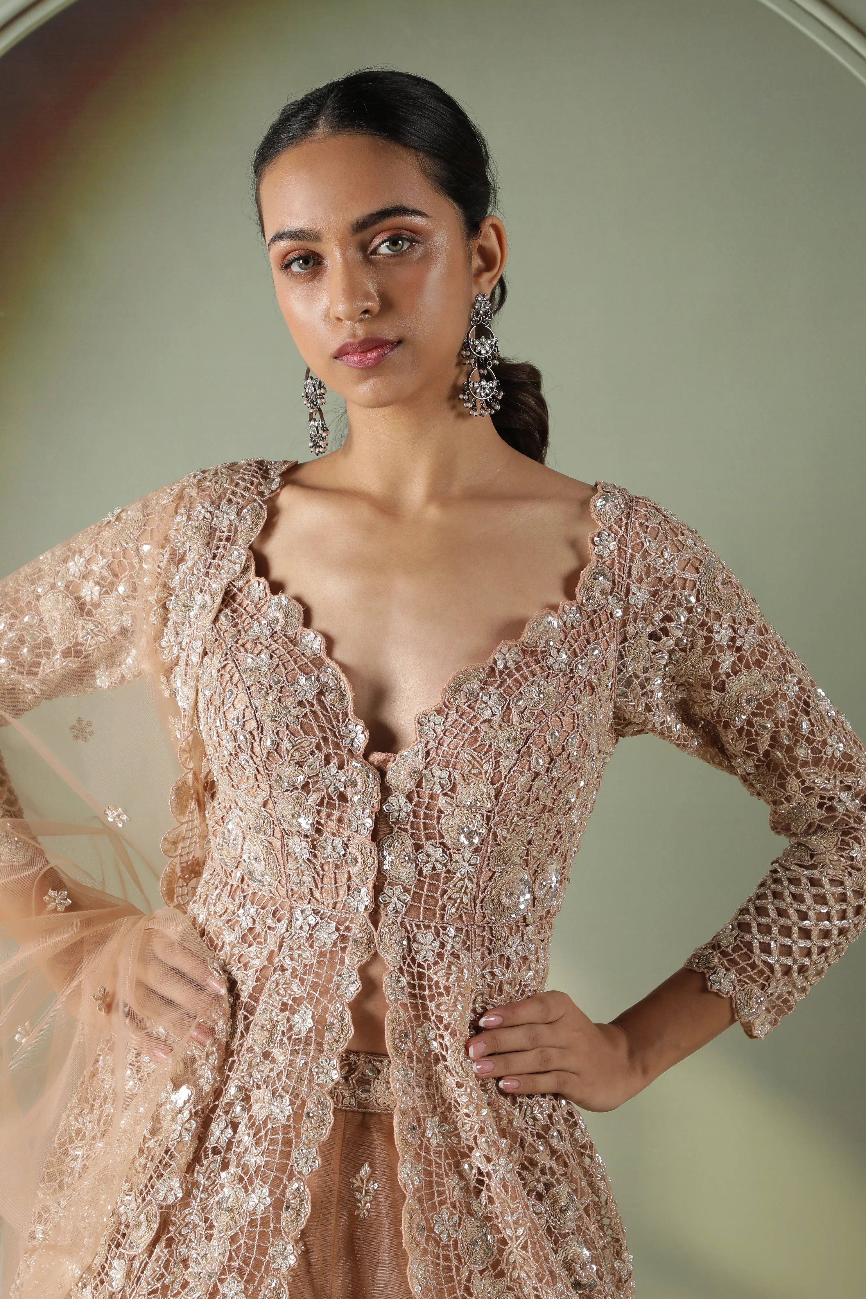 Dusty Peach Net Jacket Lehenga set - Mokshaa