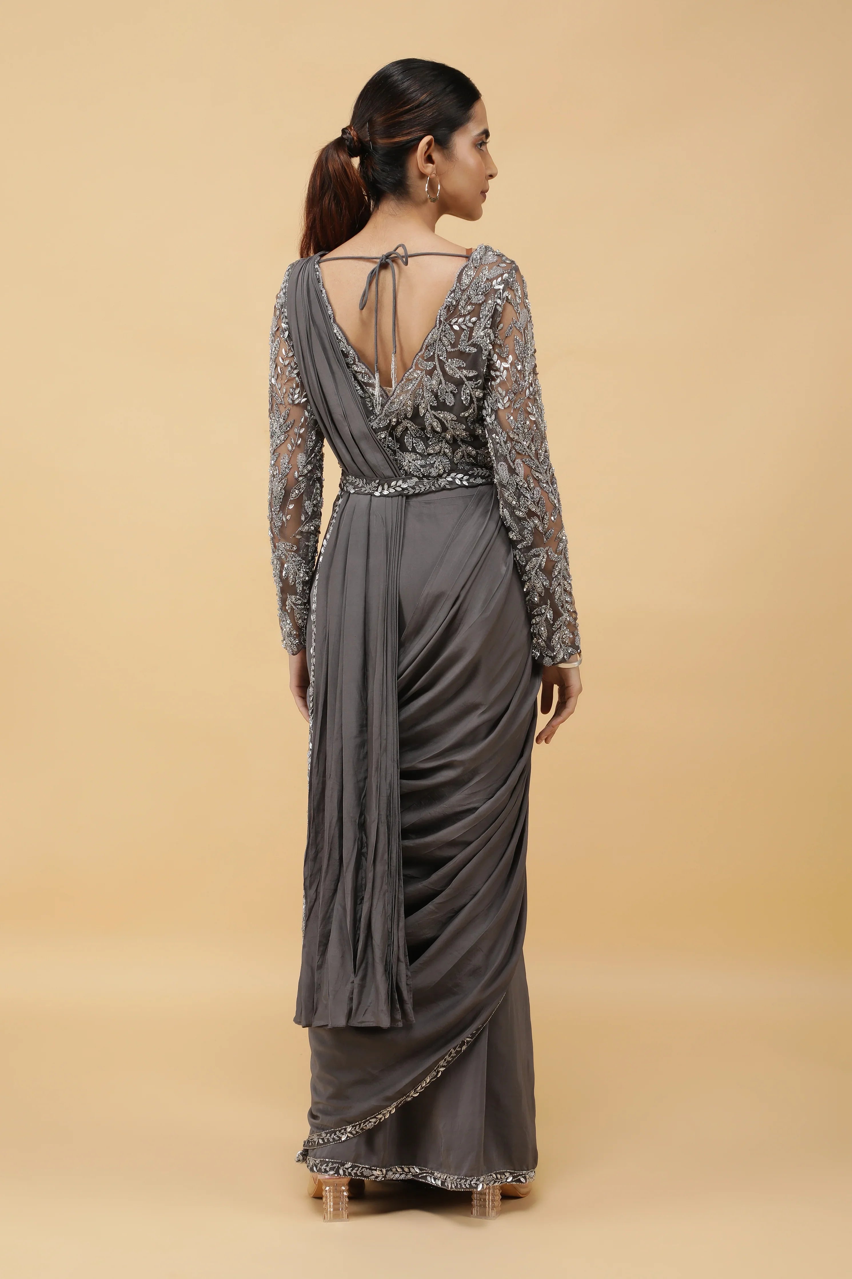 Charcoal Embroidered Drape Saree - Mokshaa