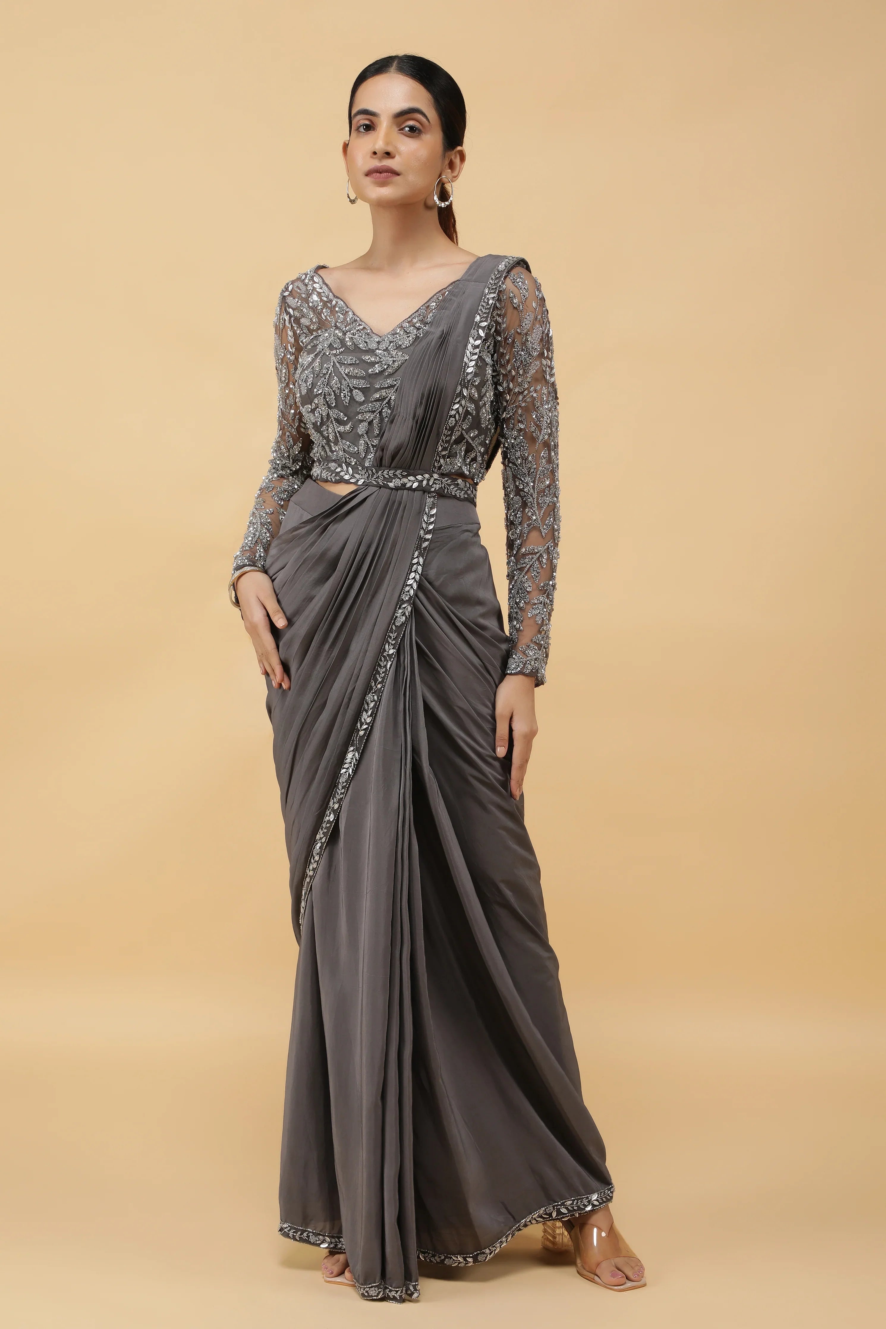 Charcoal Embroidered Drape Saree - Mokshaa