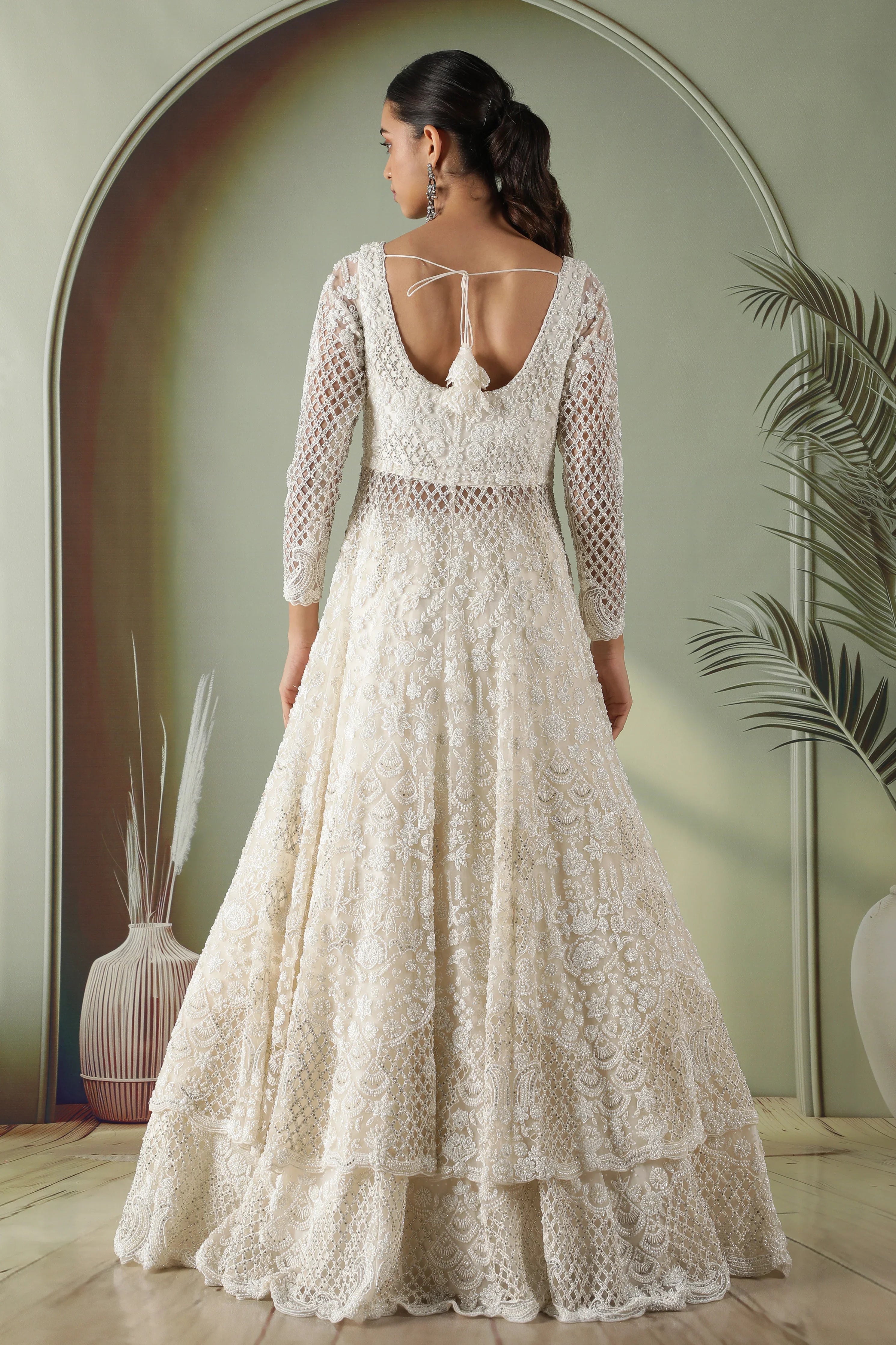 Radiant Pearl Cutwork Net Jacket Lehenga Set - Mokshaa
