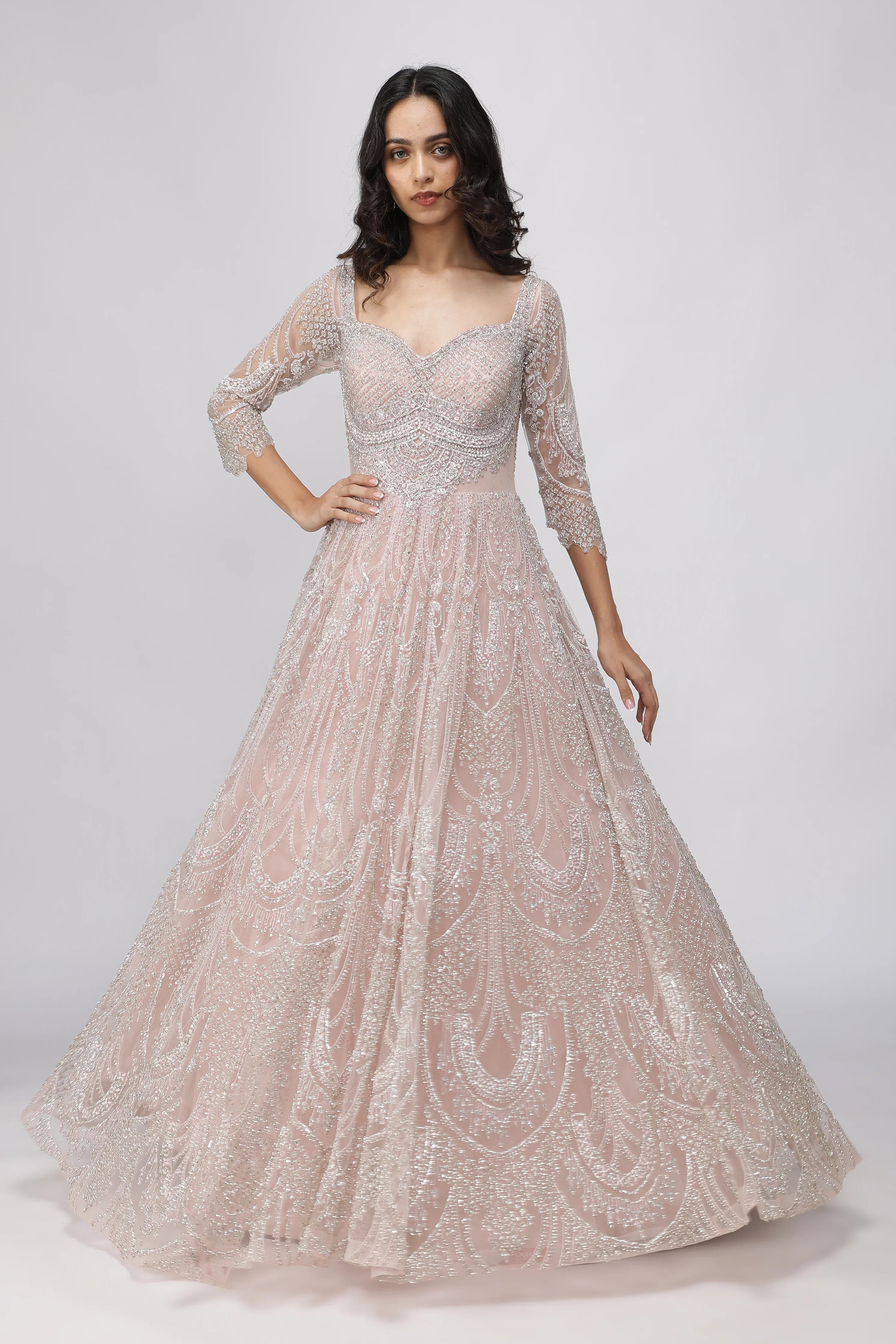 Blush Pink Net Gown with Stone, Cutdana & Sequin Embroidery - Mokshaa