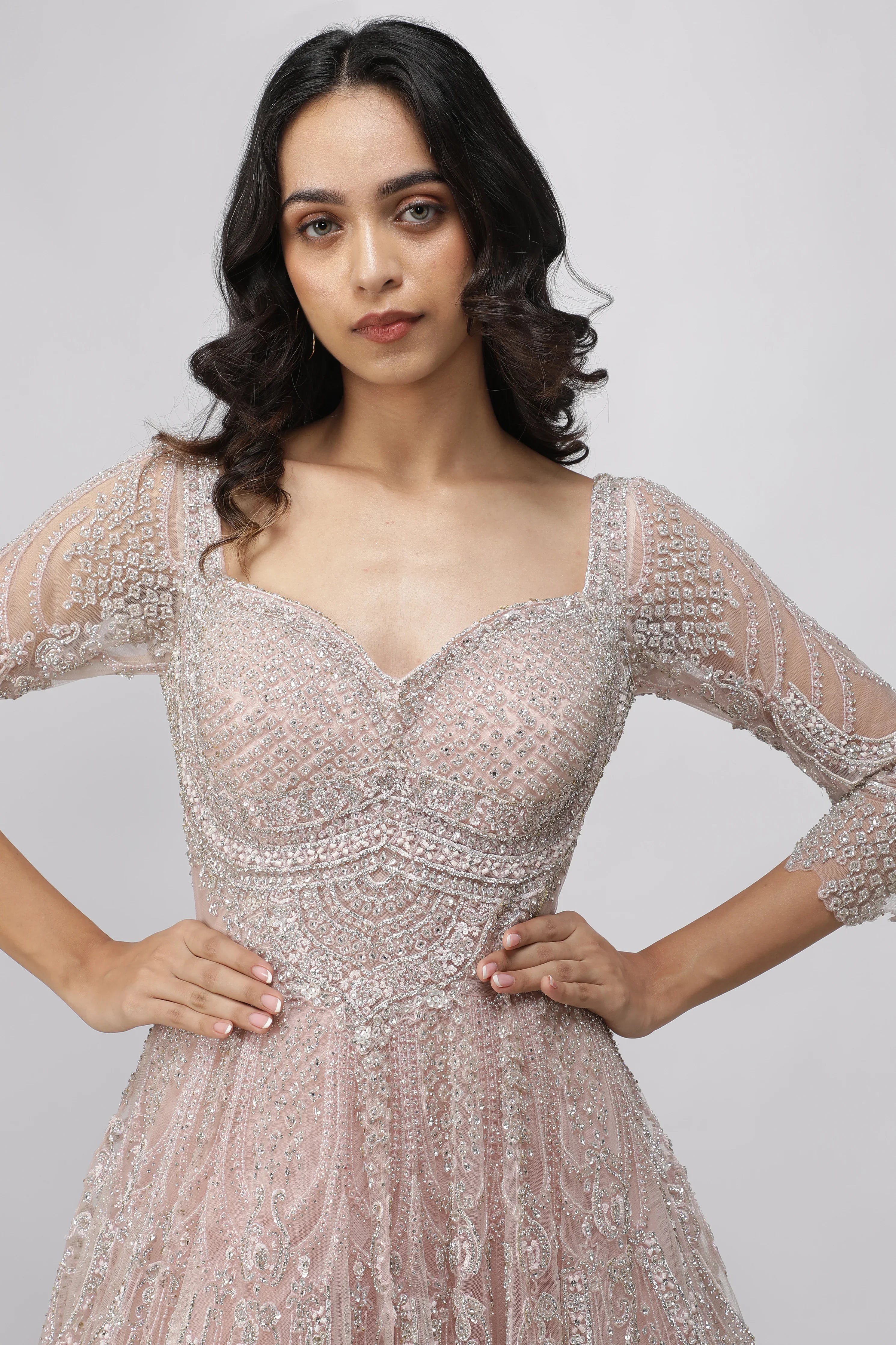 Blush Pink Net Gown with Stone, Cutdana & Sequin Embroidery - Mokshaa