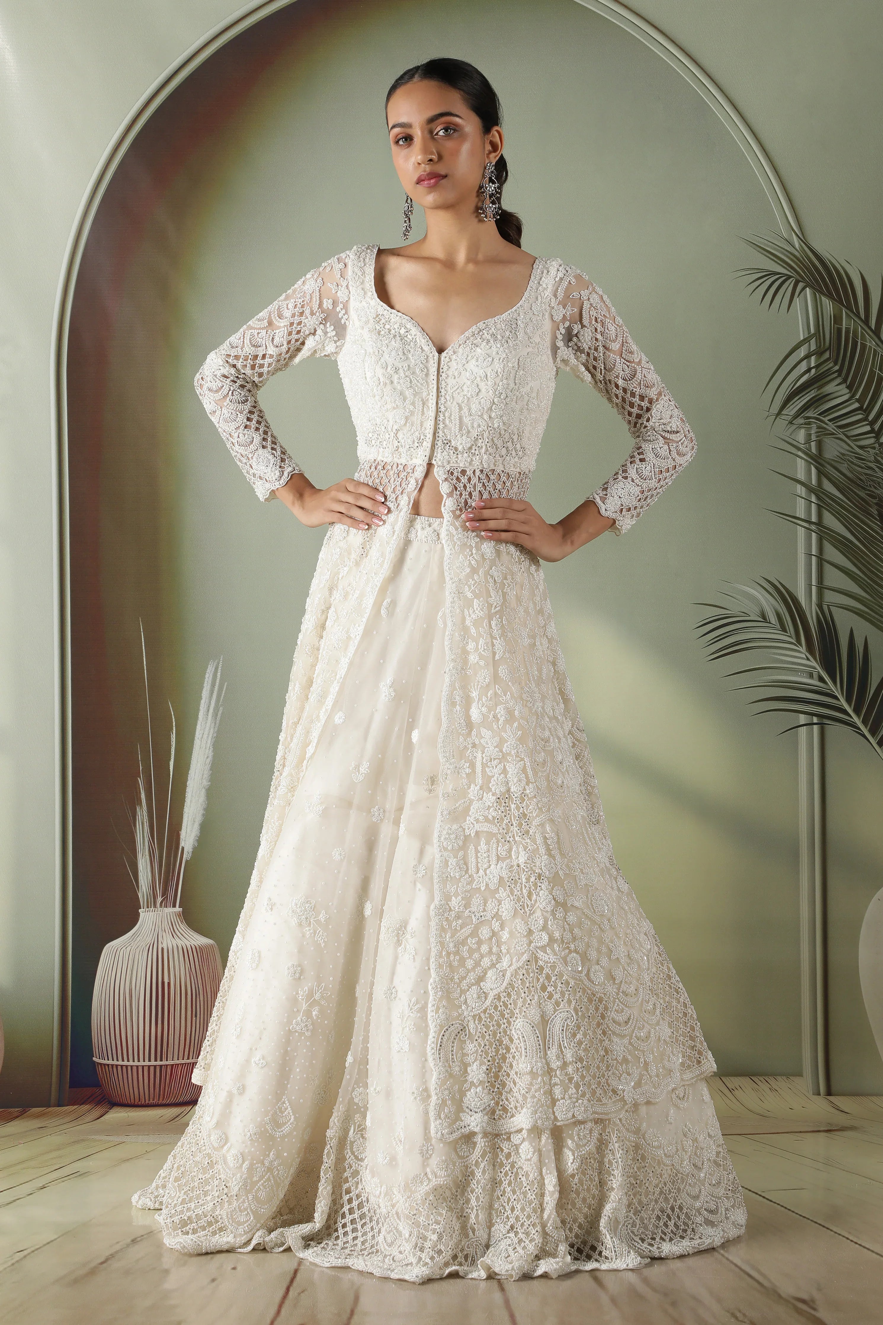 Radiant Pearl Cutwork Net Jacket Lehenga Set - Mokshaa