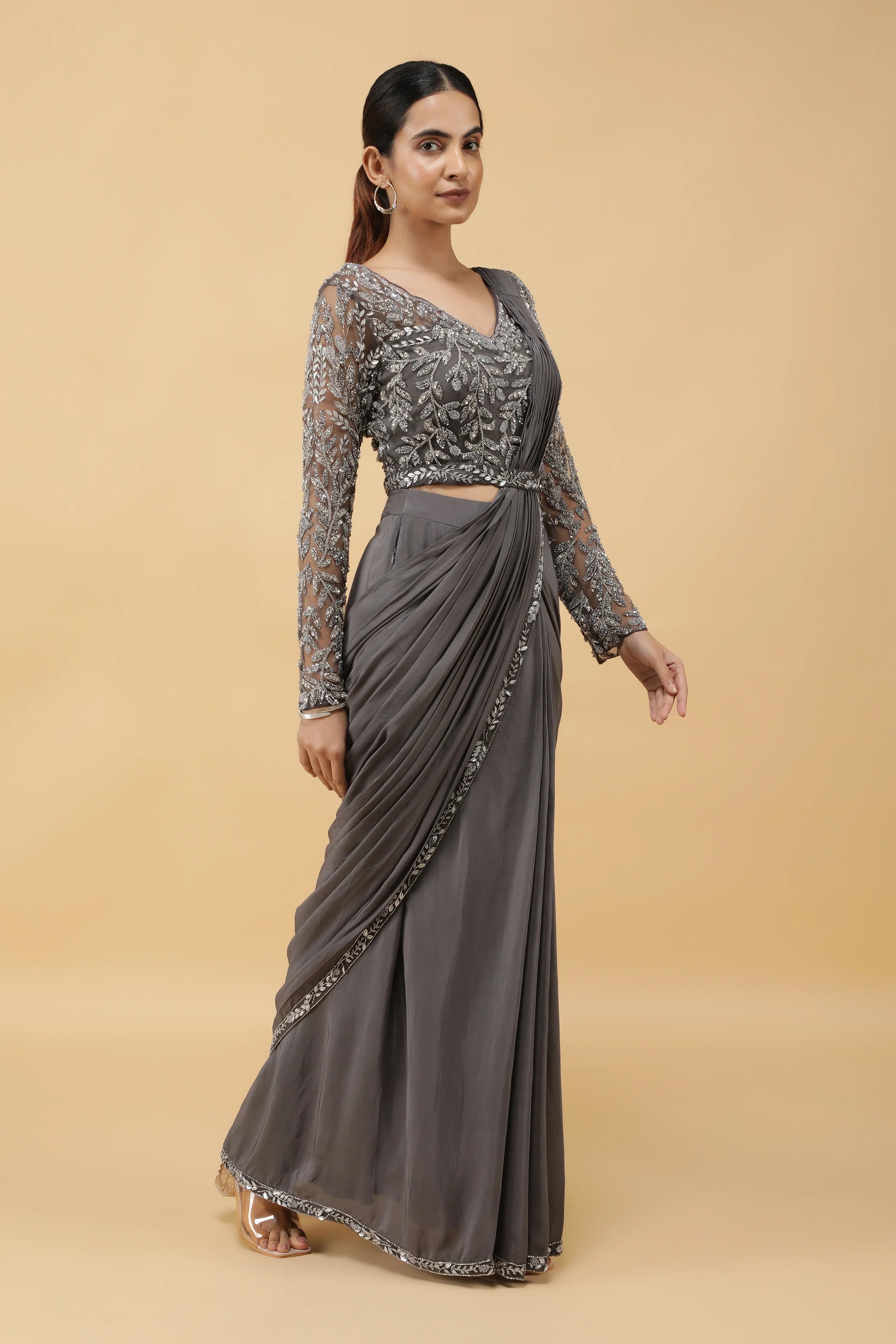 Charcoal Embroidered Drape Saree - Mokshaa