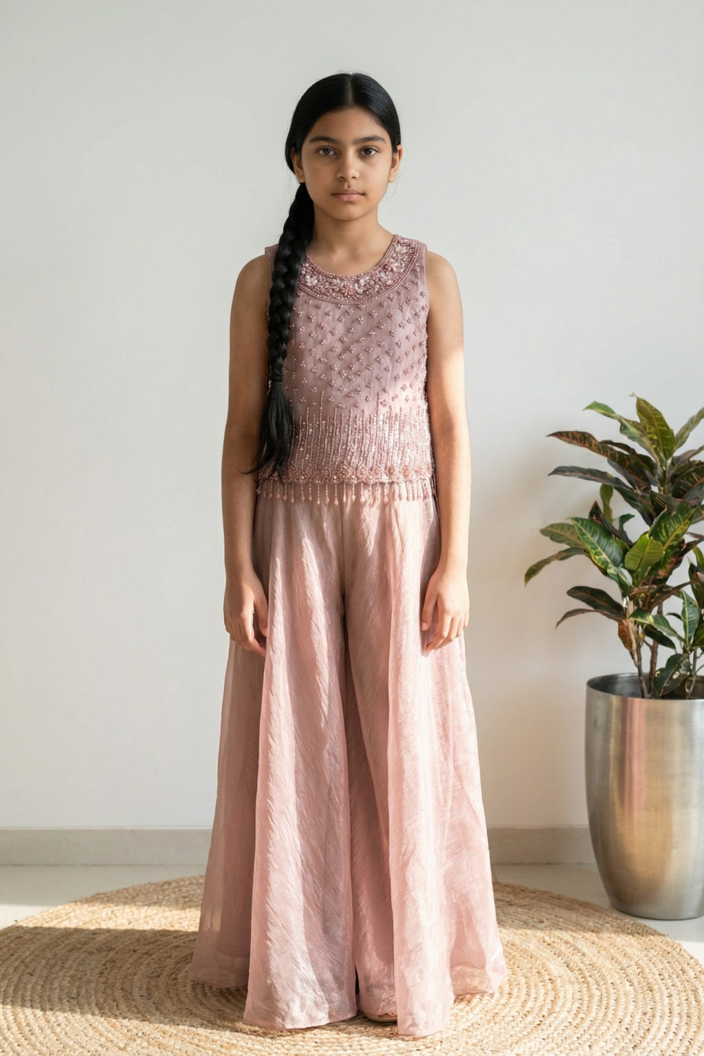 Blush Pink Embellished Palazzo Set for Girls - Mokshaa