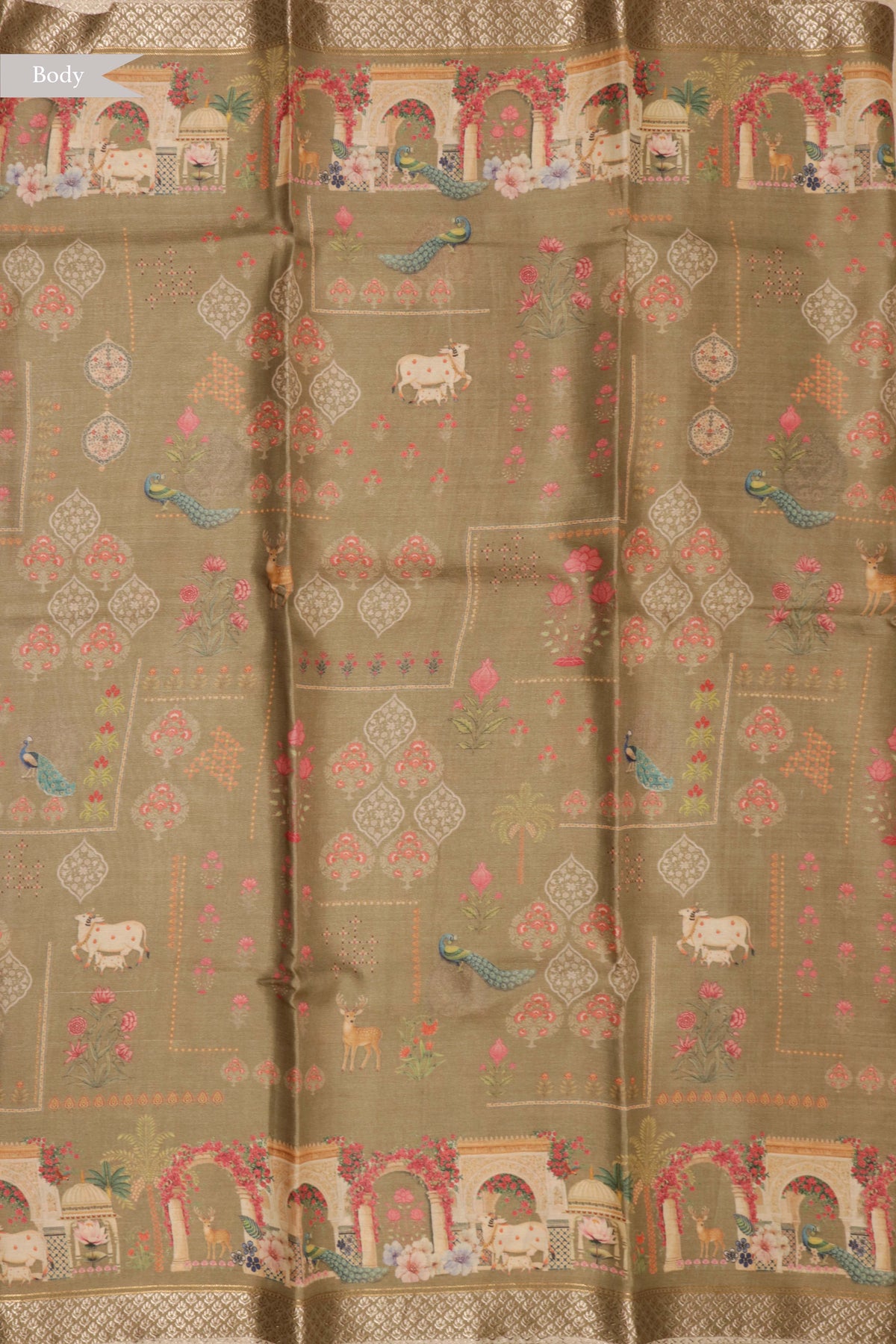 Olive Green Tussar Silk Digital Print Saree - Mokshaa