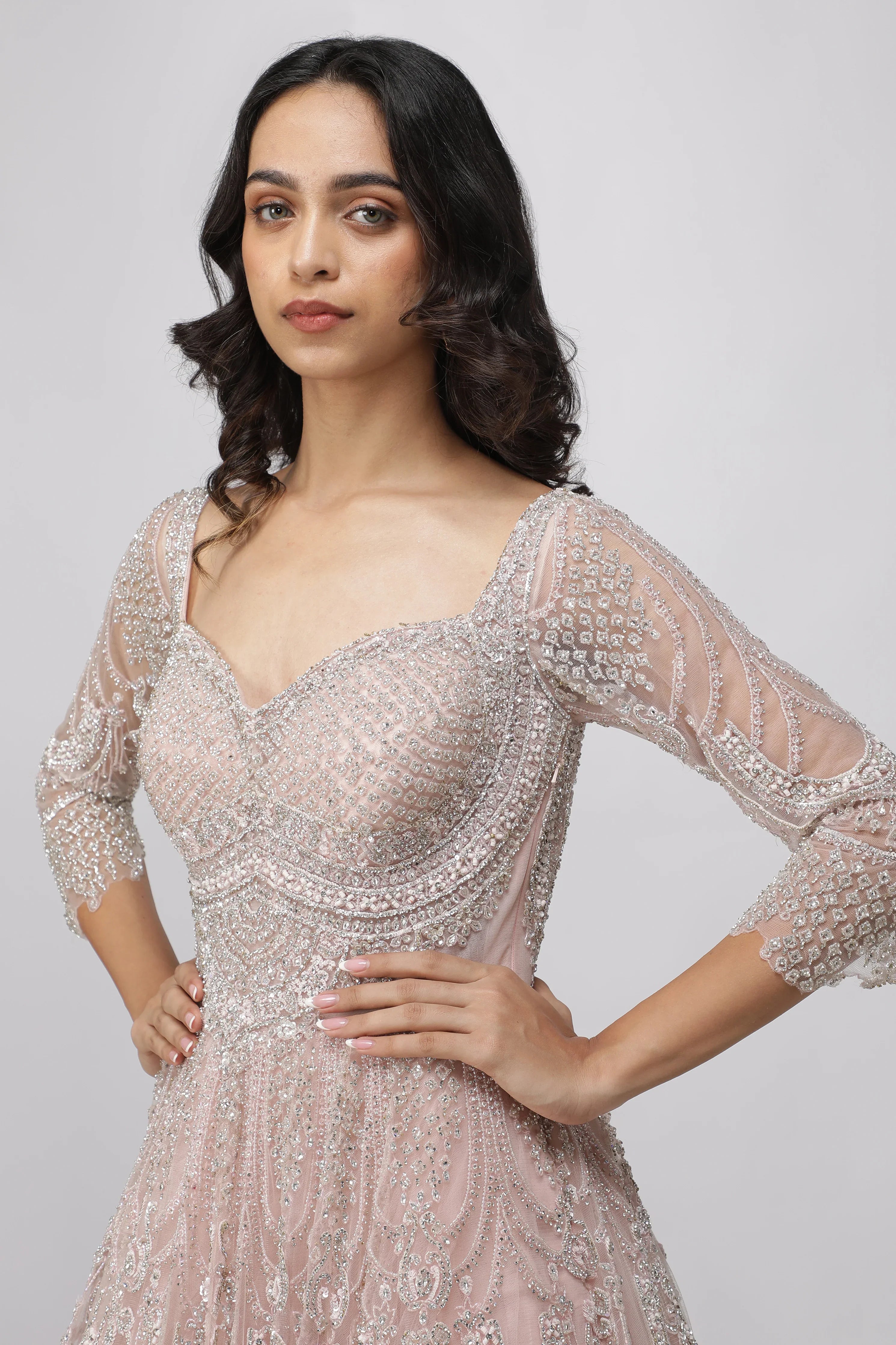 Blush Pink Net Gown with Stone, Cutdana & Sequin Embroidery - Mokshaa