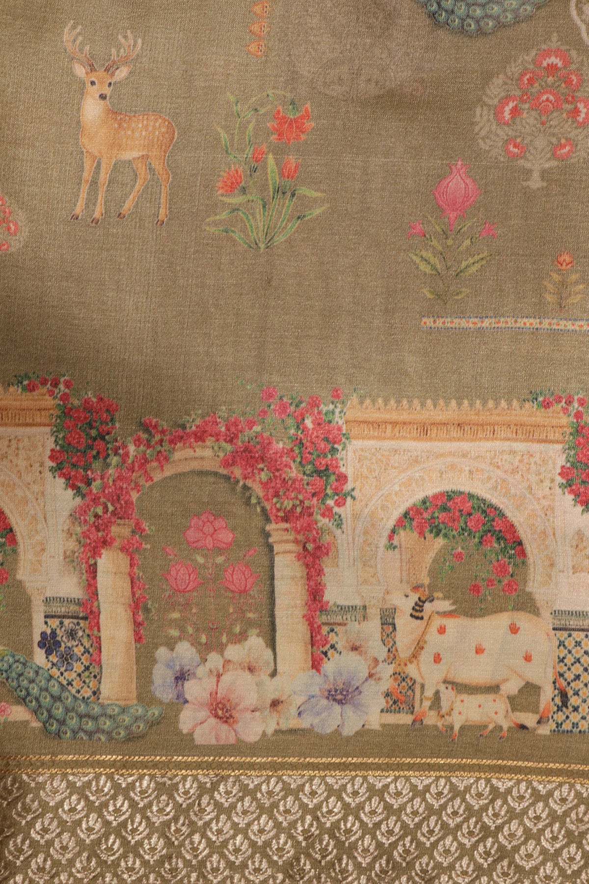 Olive Green Tussar Silk Digital Print Saree - Mokshaa