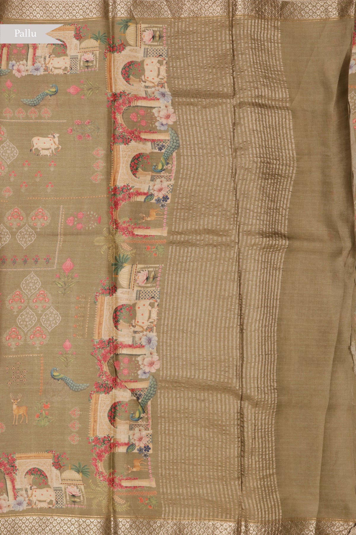 Olive Green Tussar Silk Digital Print Saree - Mokshaa
