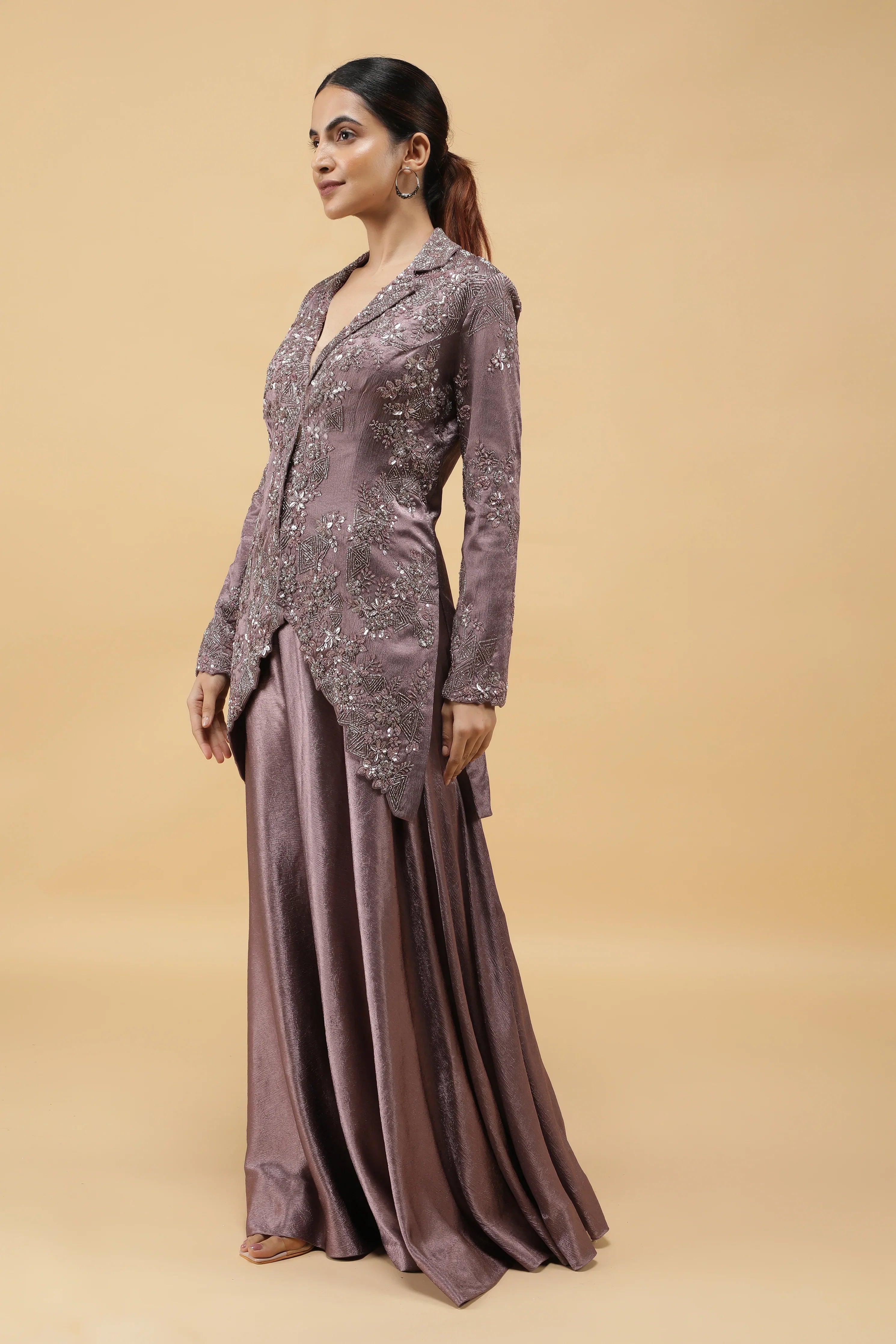 Mauve Textured Silk Embroidered Jacket Set - Mokshaa
