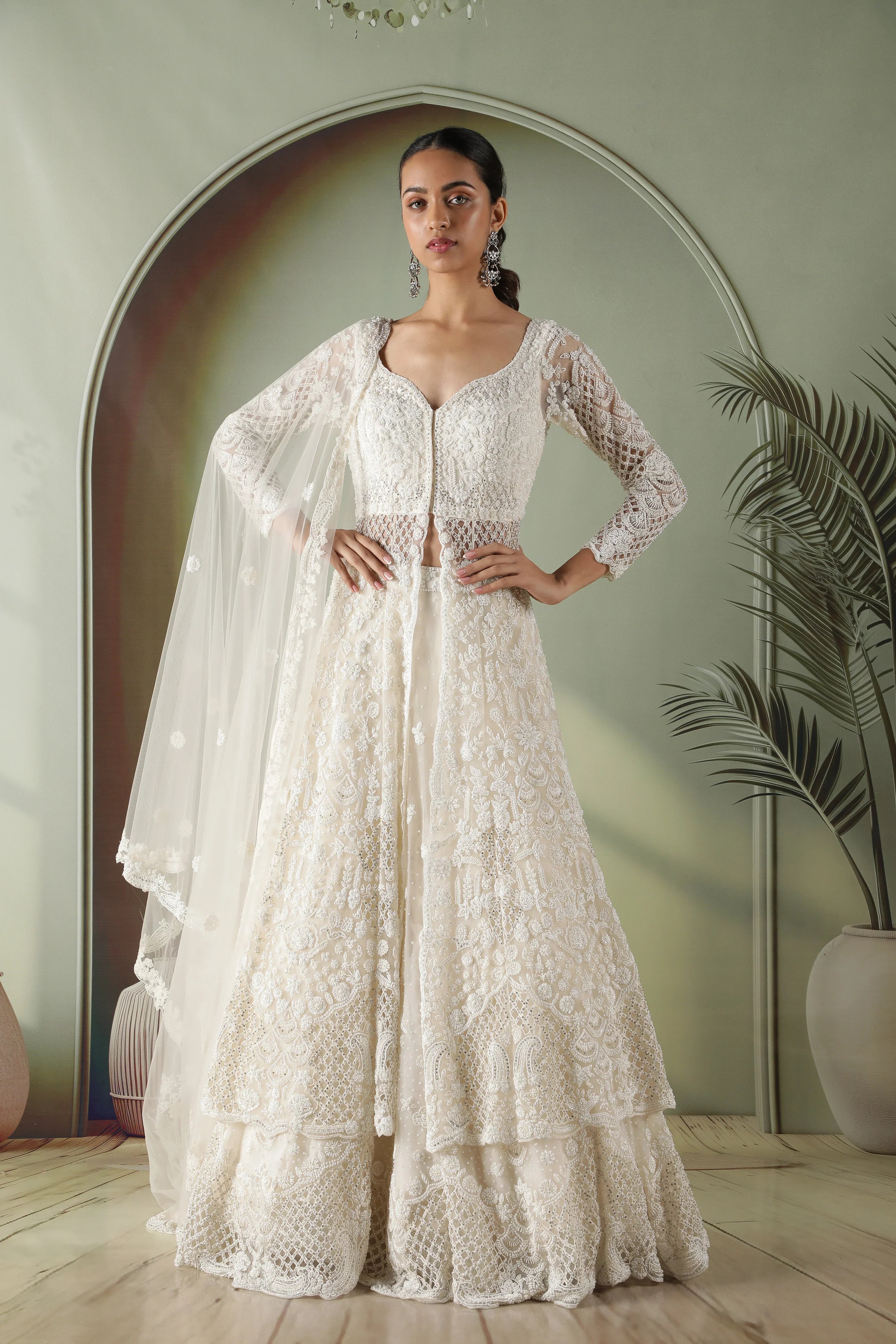 Radiant Pearl Cutwork Net Jacket Lehenga Set - Mokshaa
