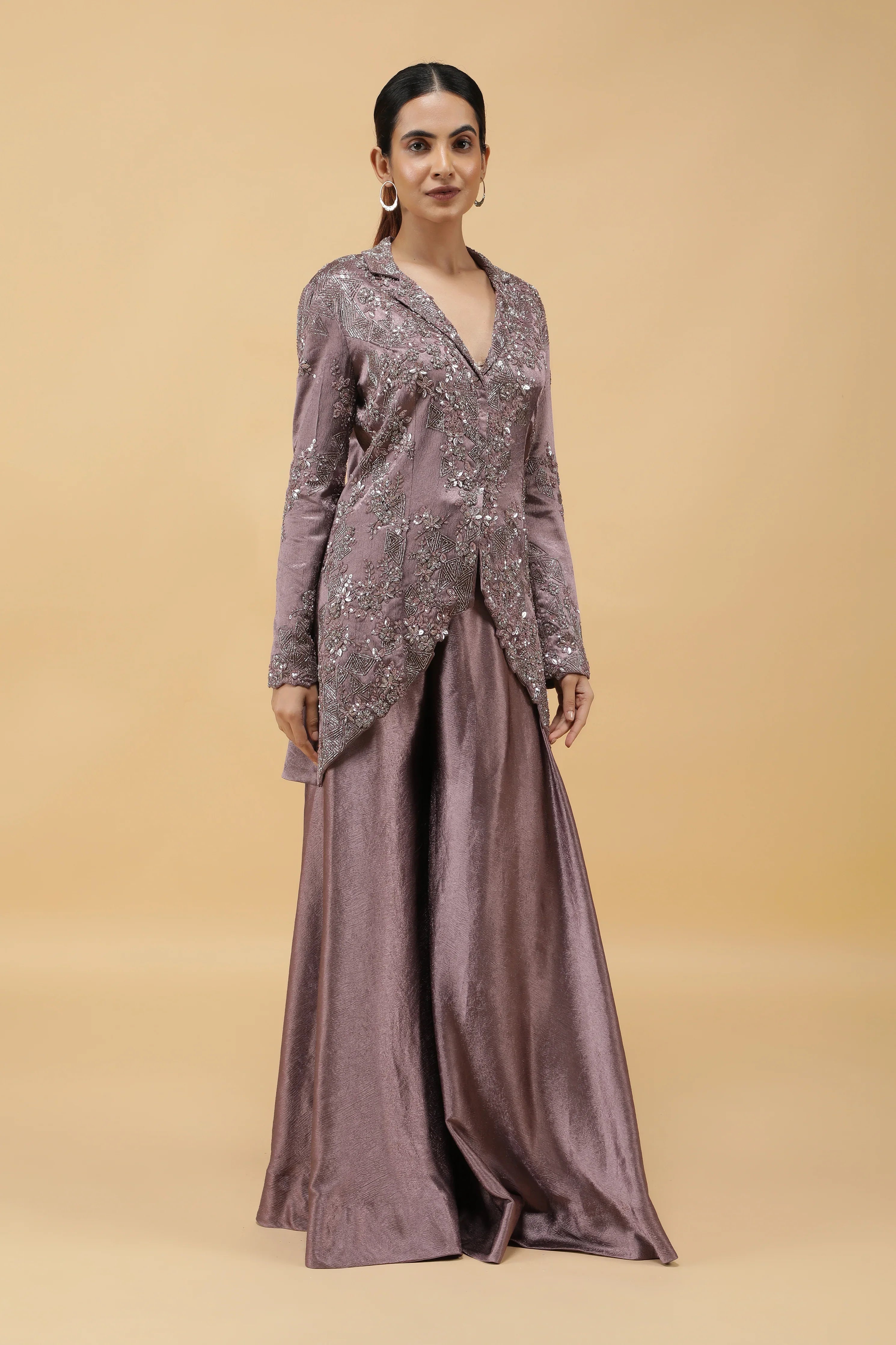 Mauve Textured Silk Embroidered Jacket Set - Mokshaa