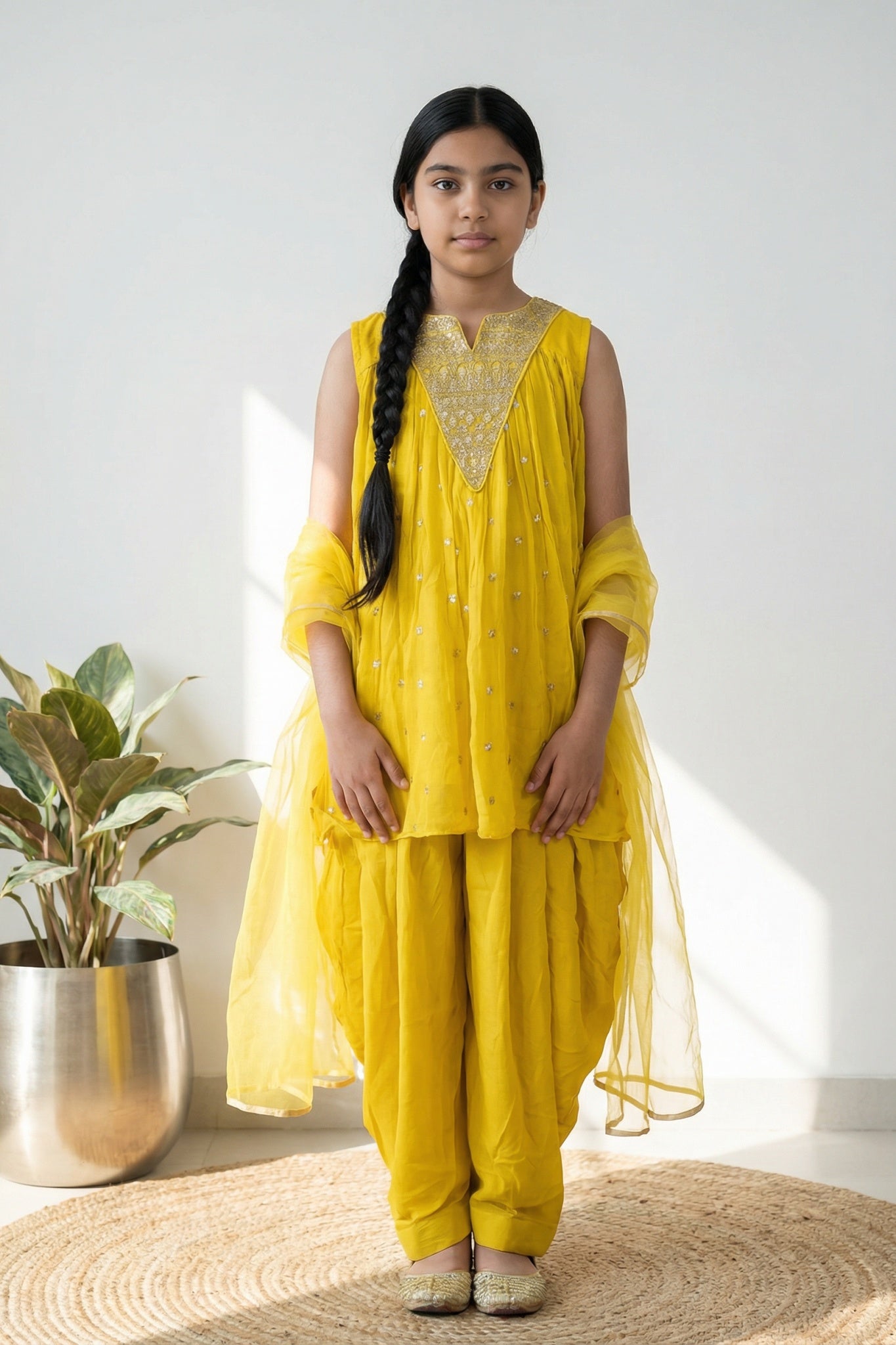 Sunshine Yellow Embroidered Patiala Set for Girls - Mokshaa