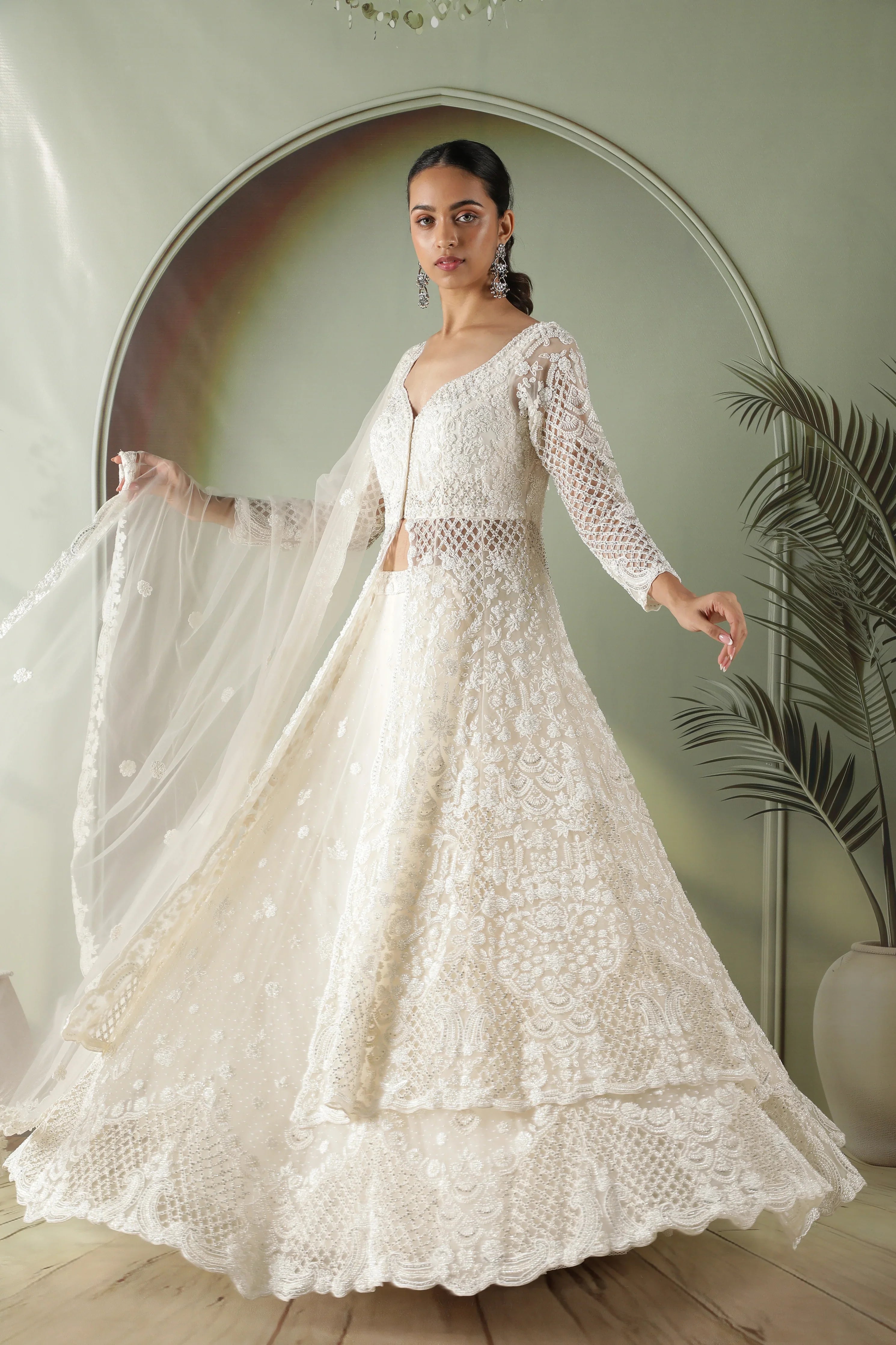 Radiant Pearl Cutwork Net Jacket Lehenga Set - Mokshaa