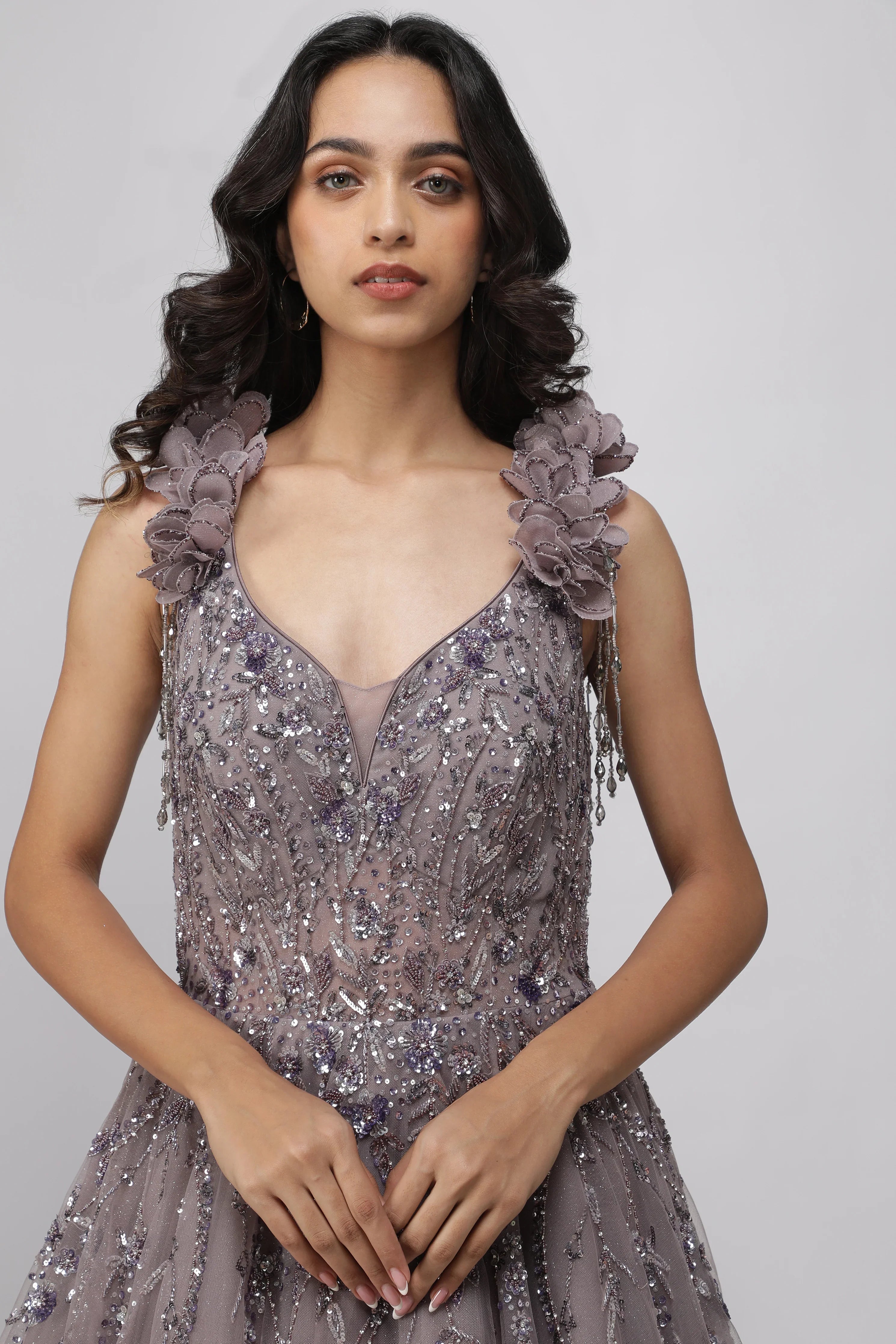 Dusty Purple Net Gown with Sequin and Pearl Embroidery - Mokshaa
