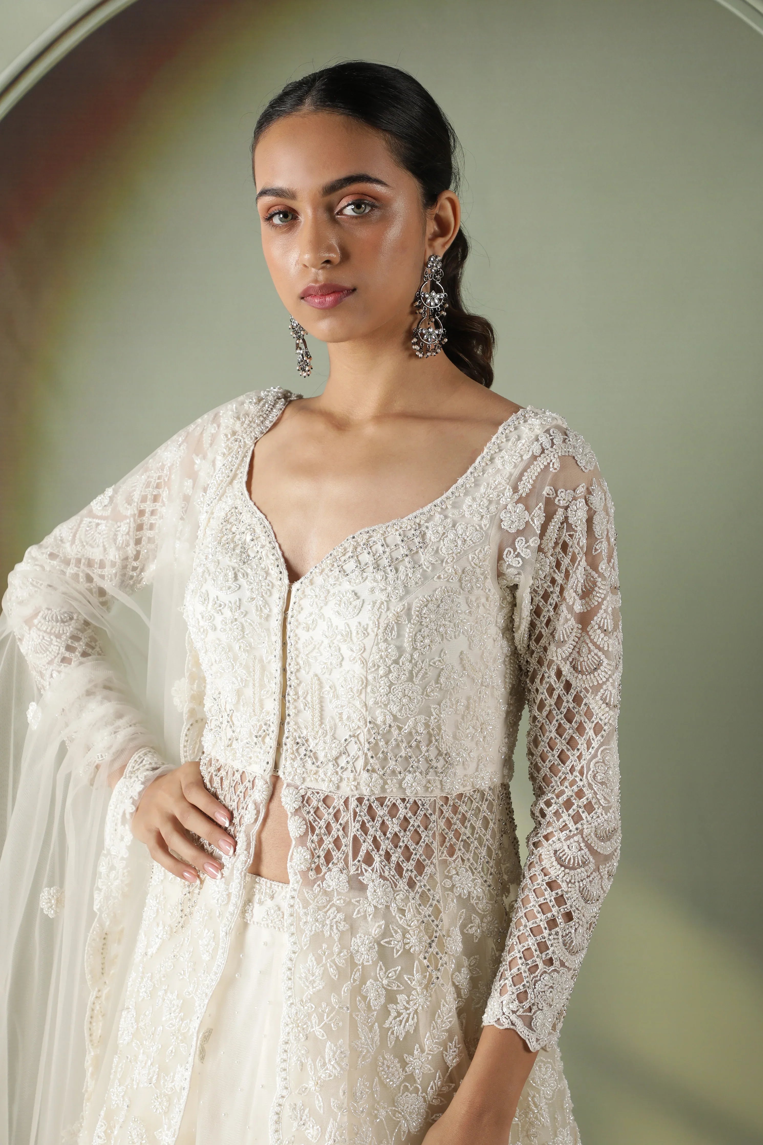 Radiant Pearl Cutwork Net Jacket Lehenga Set - Mokshaa