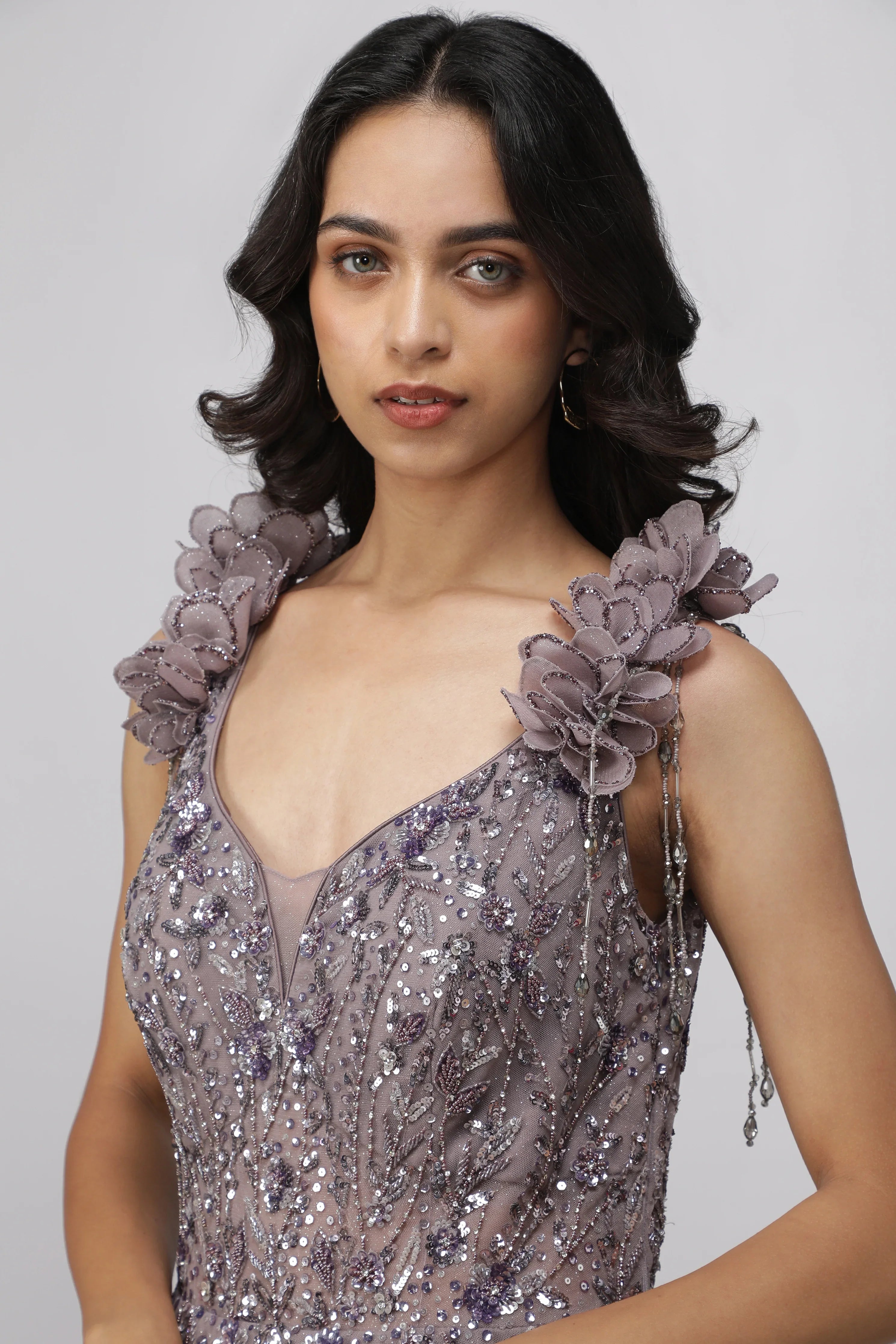Dusty Purple Net Gown with Sequin and Pearl Embroidery - Mokshaa