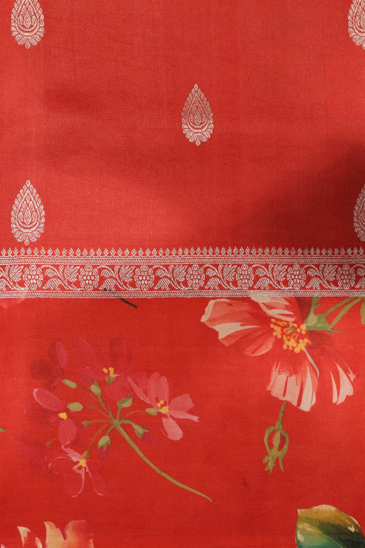 Red Tussar Silk Saree with Floral Digital Print Border - Mokshaa