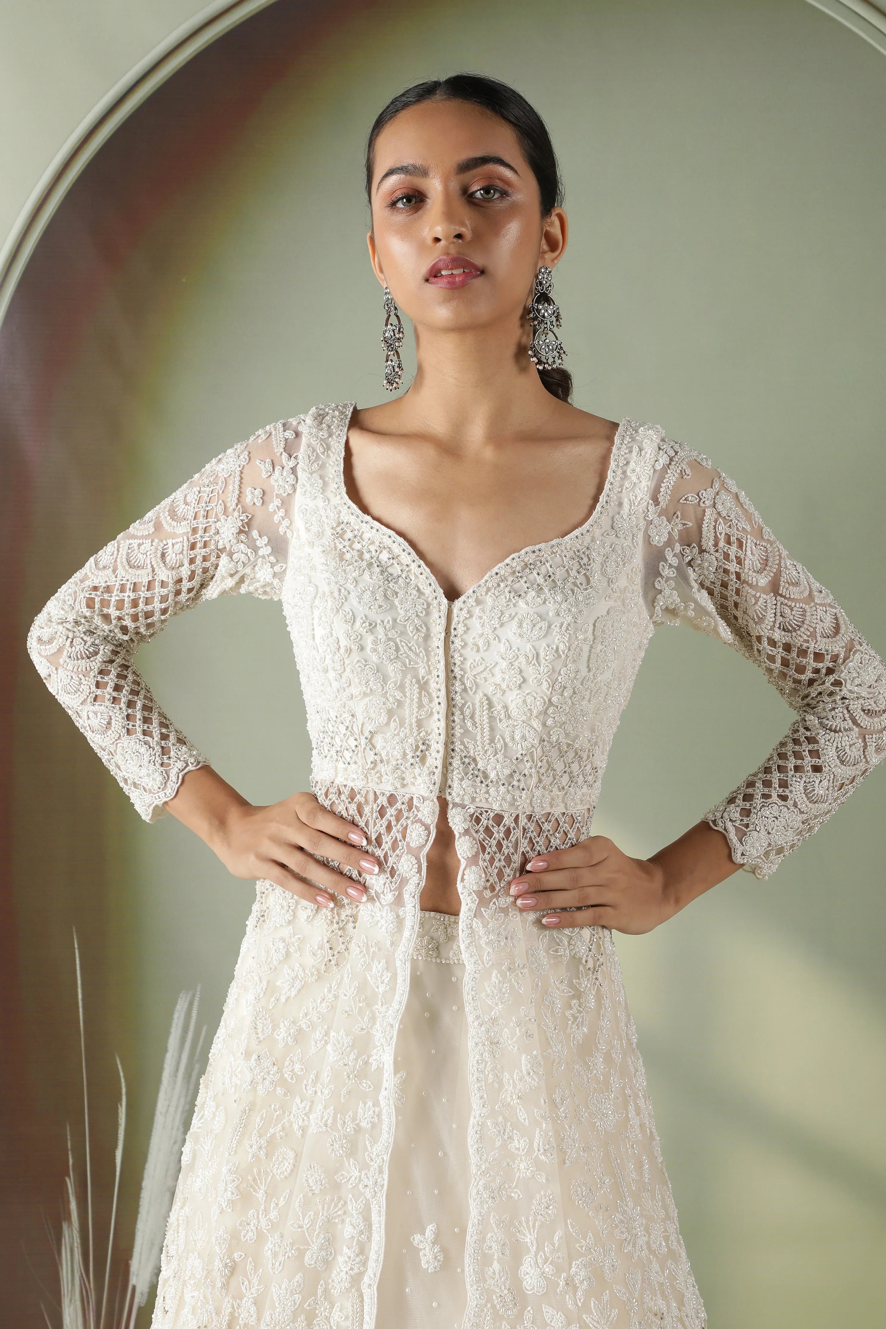 Radiant Pearl Cutwork Net Jacket Lehenga Set - Mokshaa