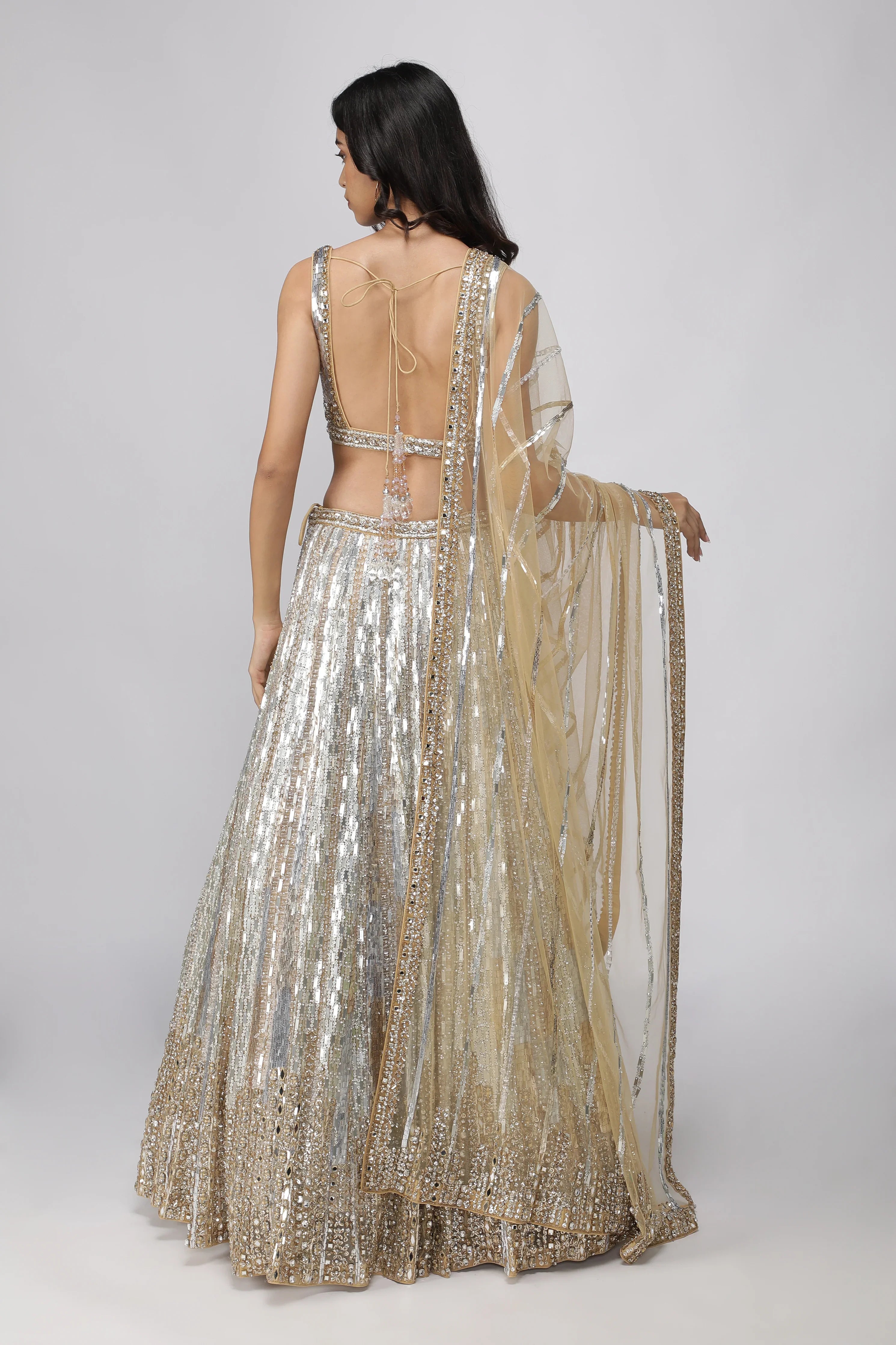 Gold Net Silver & Gold Embroidered Lehenga Set - Mokshaa
