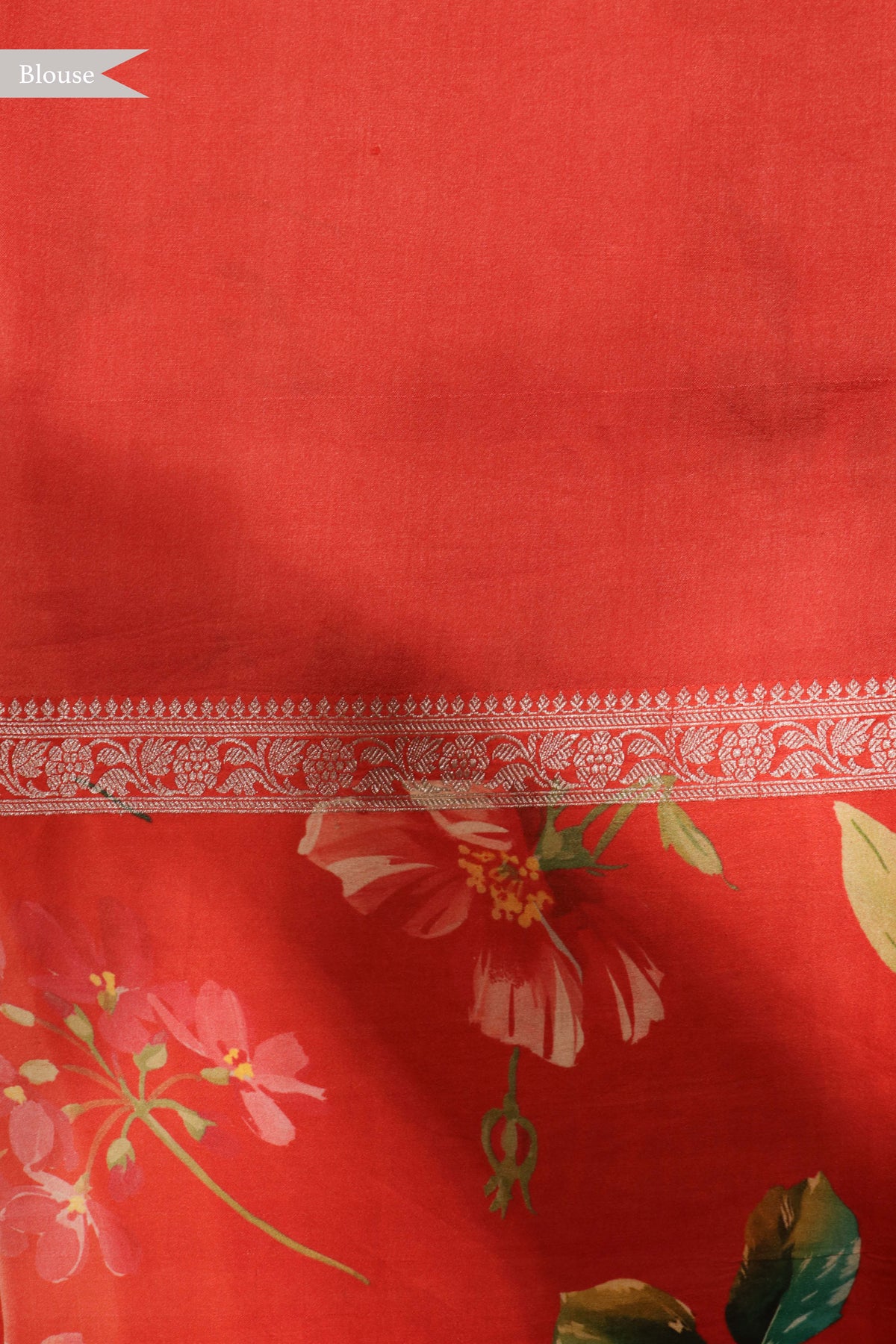 Red Tussar Silk Saree with Floral Digital Print Border - Mokshaa