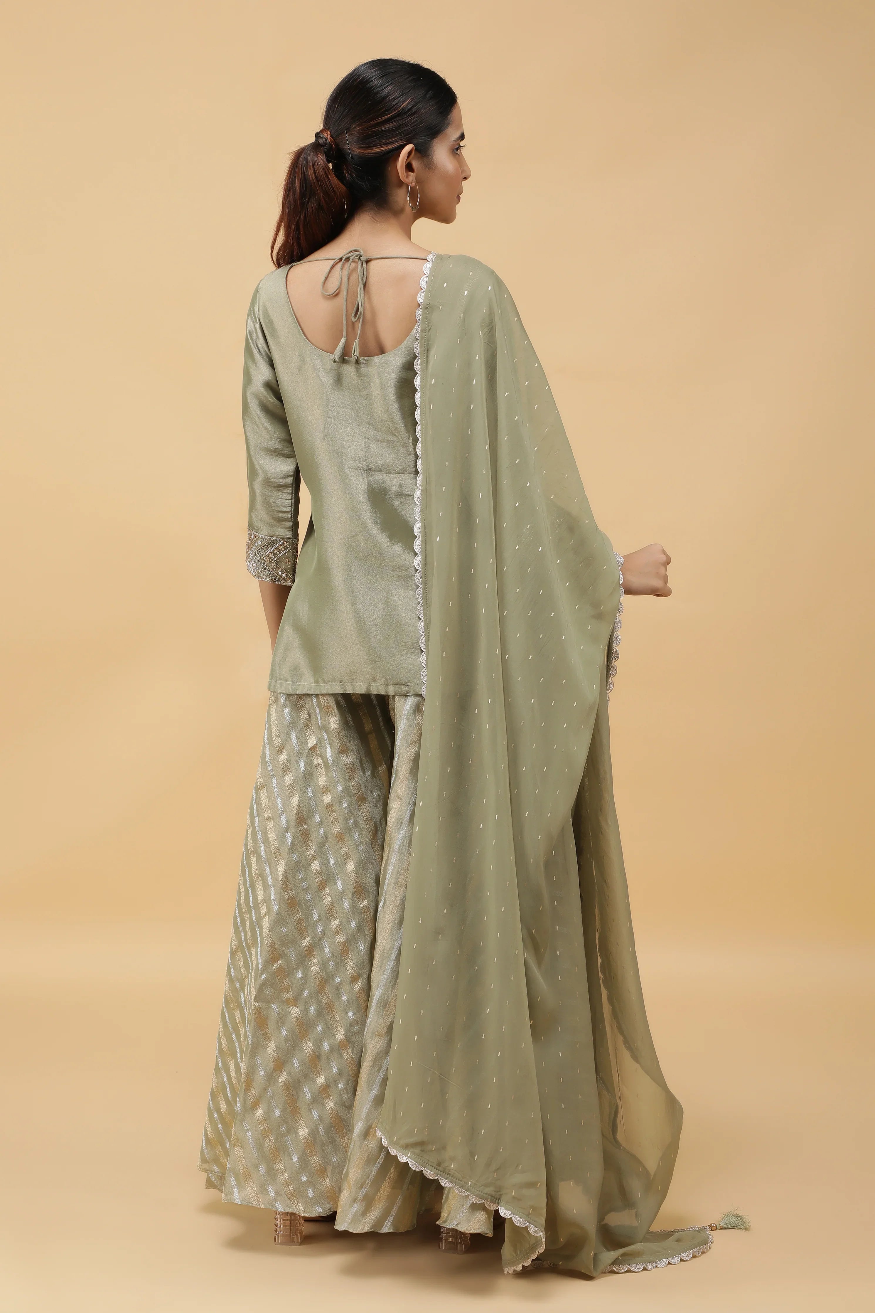 Sage Banarasi Tissue Indo-western Top & Palazzo Set - Mokshaa