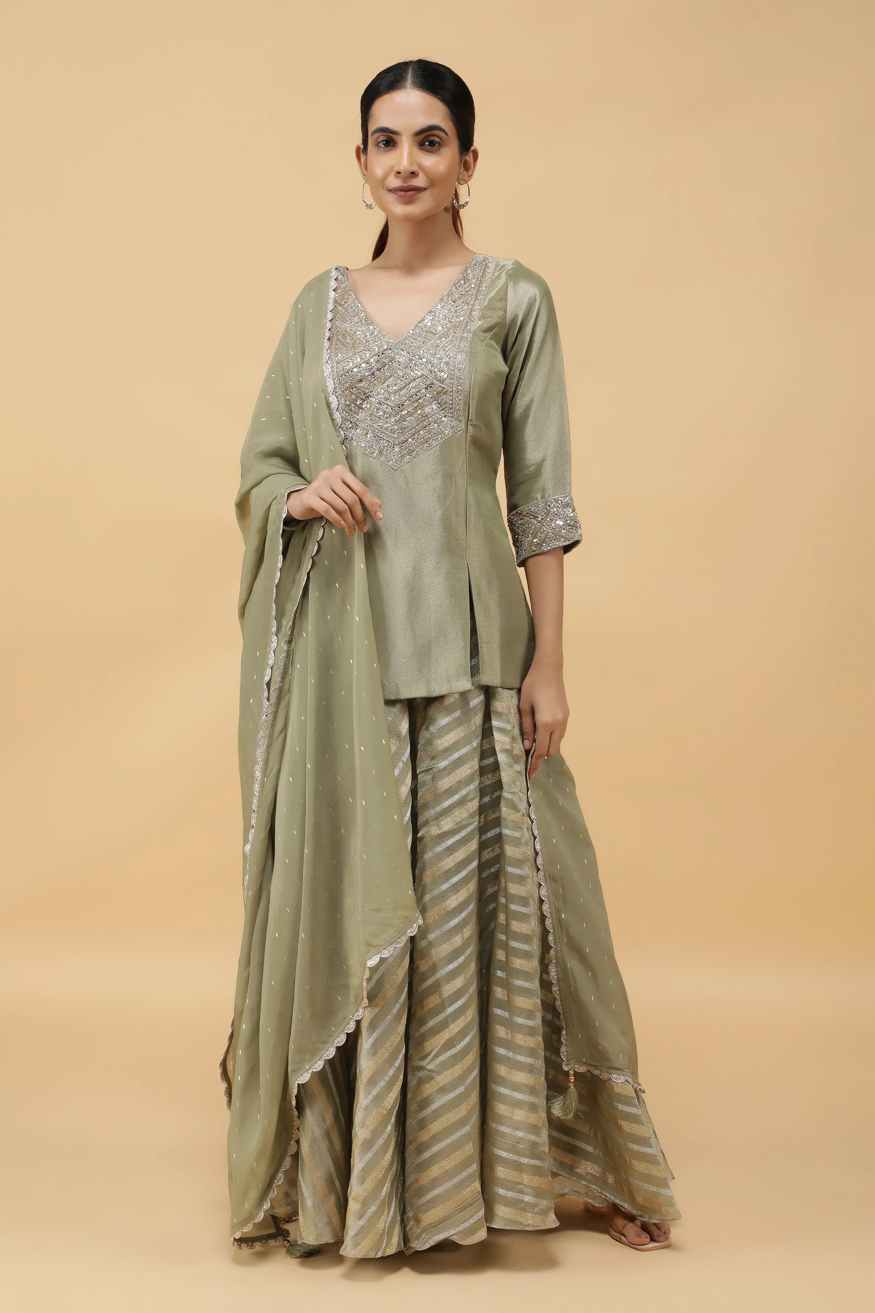 Sage Banarasi Tissue Indo-western Top & Palazzo Set - Mokshaa