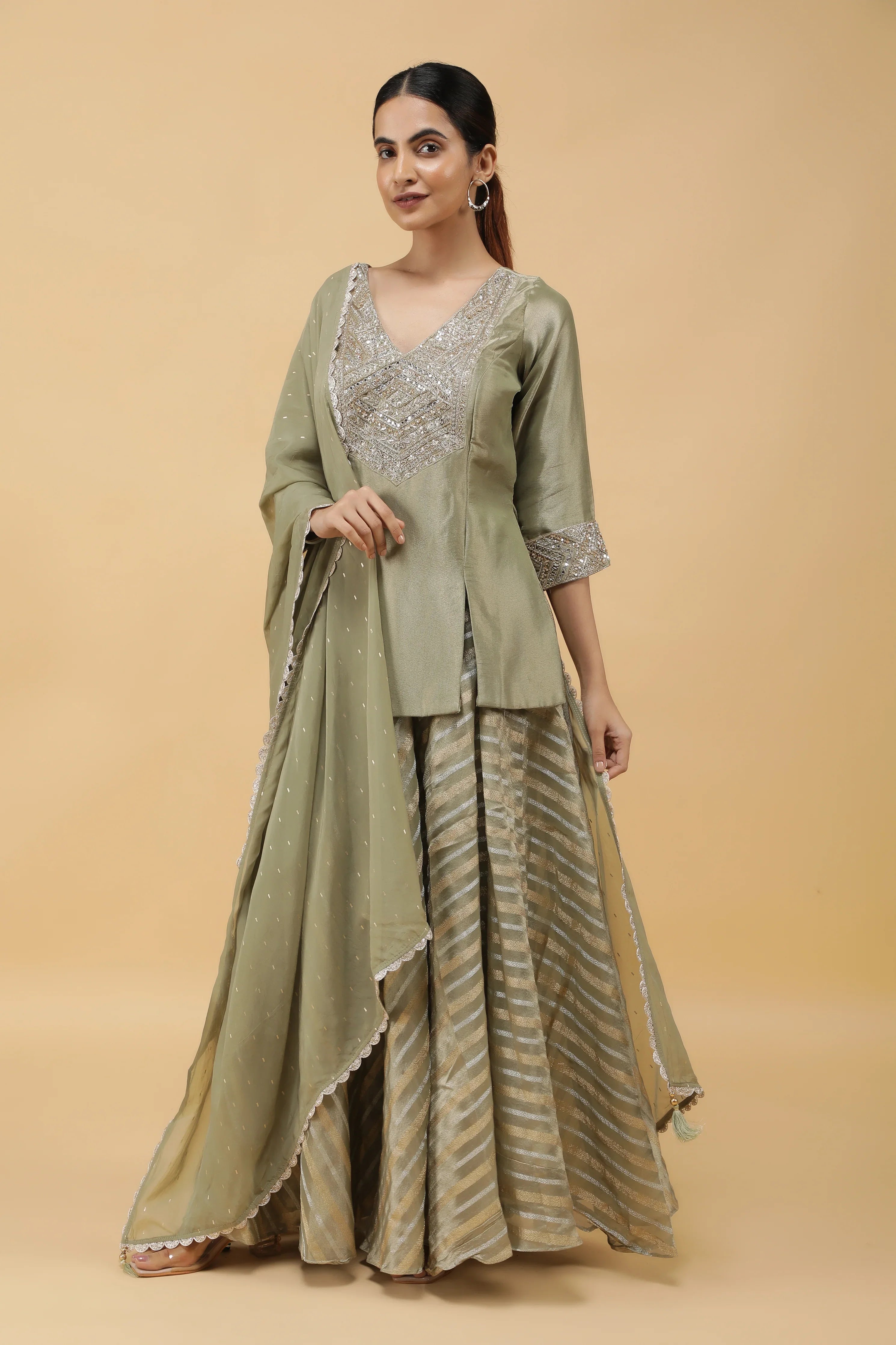 Sage Banarasi Tissue Indo-western Top & Palazzo Set - Mokshaa