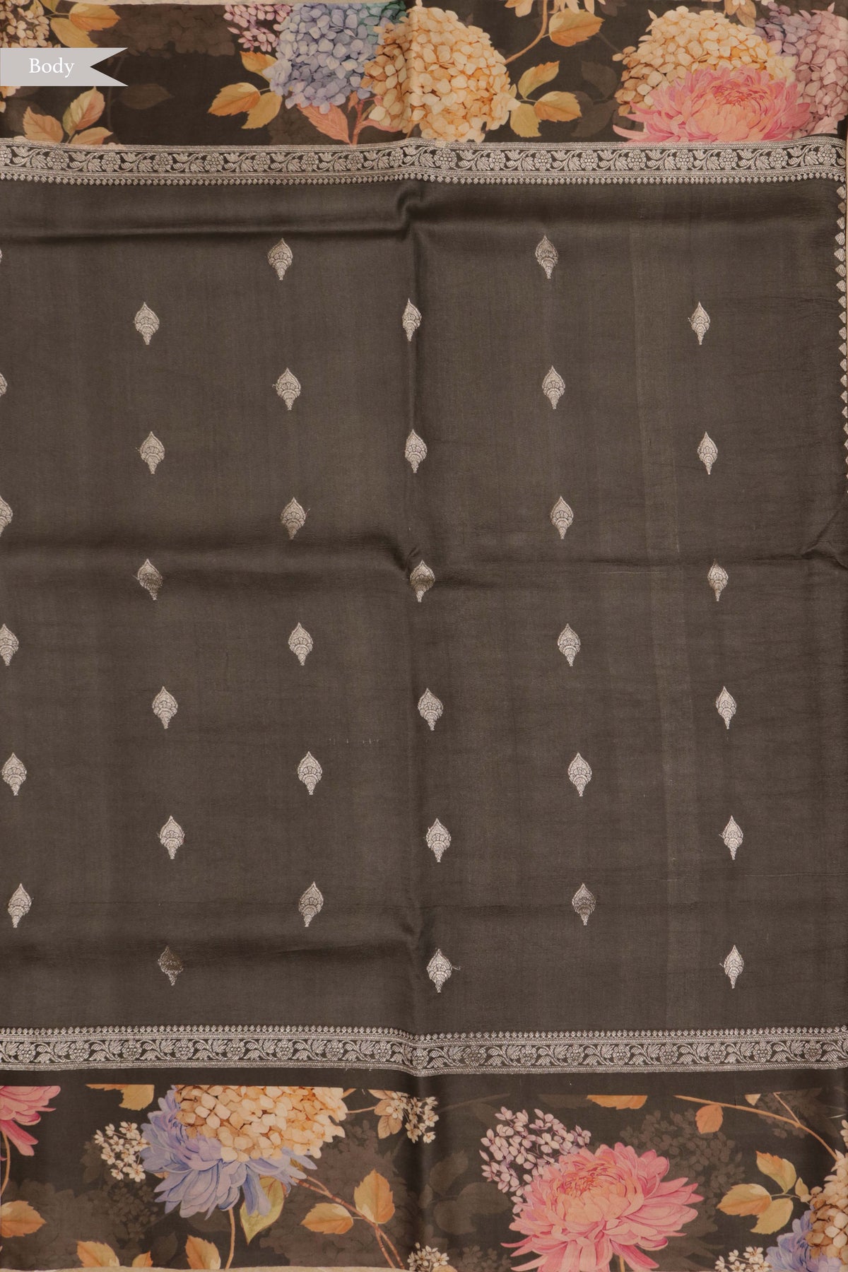 Grey Tussar Silk Saree with Digital Floral Border - Mokshaa