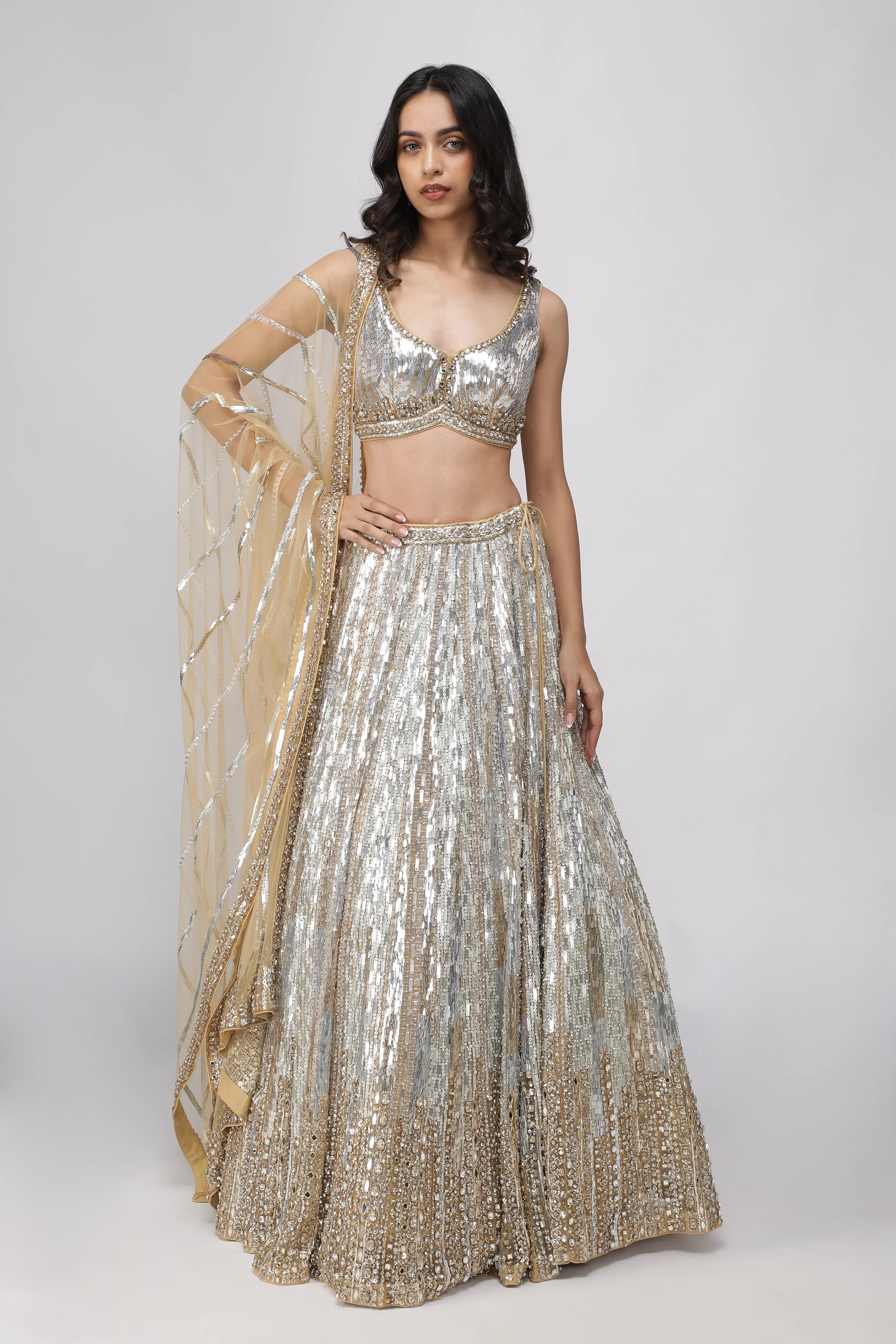 Gold Net Silver & Gold Embroidered Lehenga Set - Mokshaa