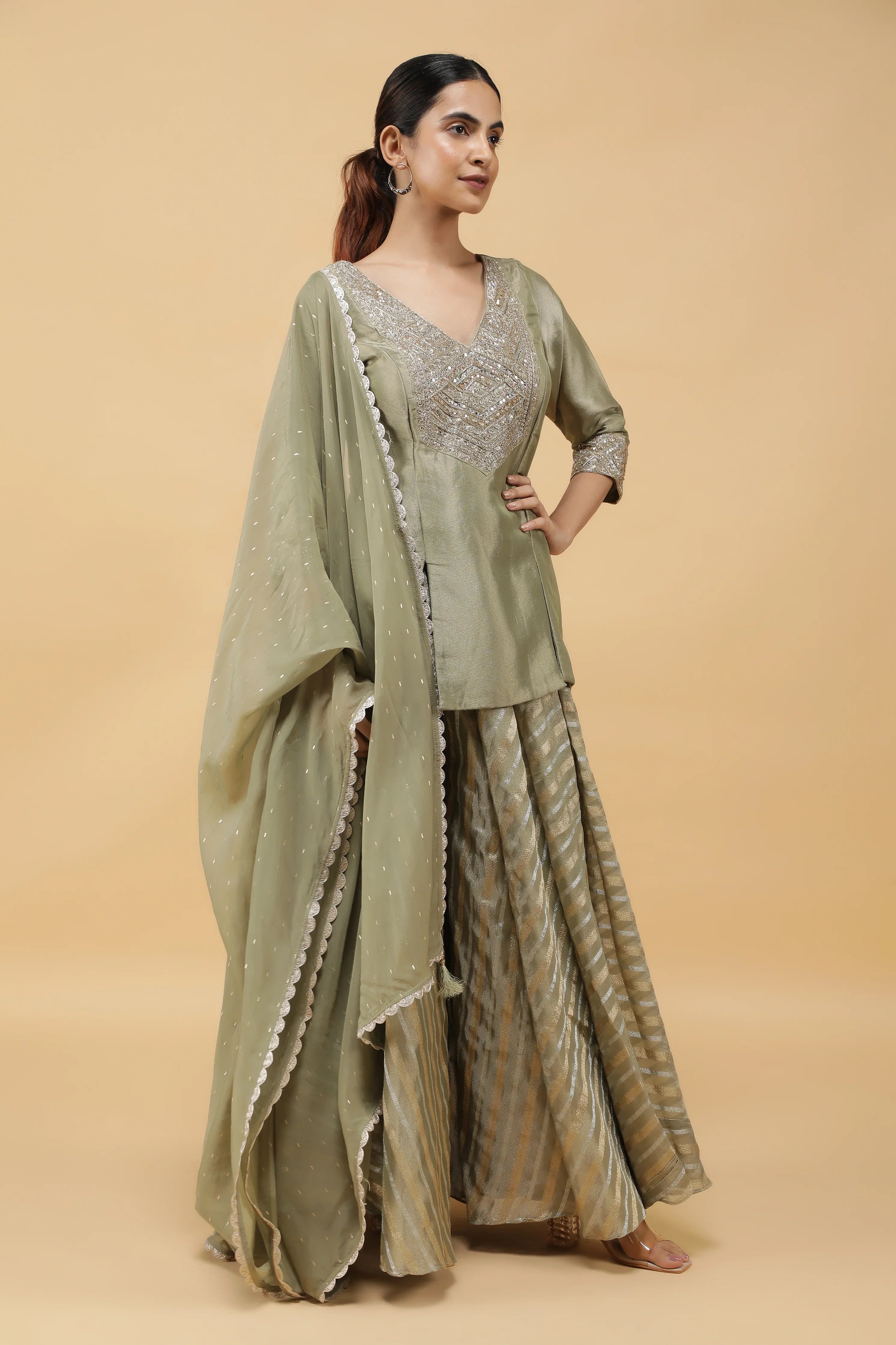 Sage Banarasi Tissue Indo-western Top & Palazzo Set - Mokshaa