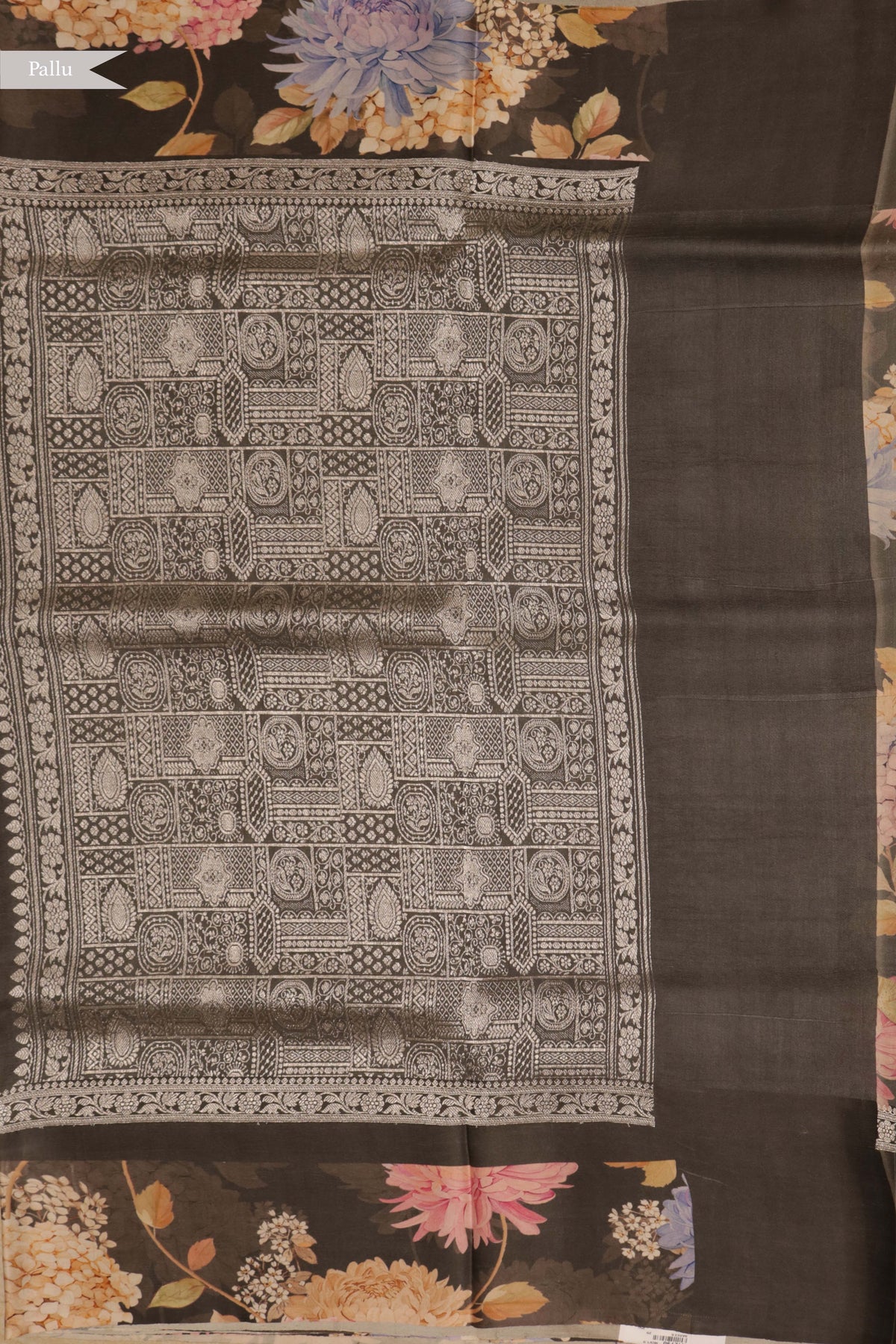 Grey Tussar Silk Saree with Digital Floral Border - Mokshaa