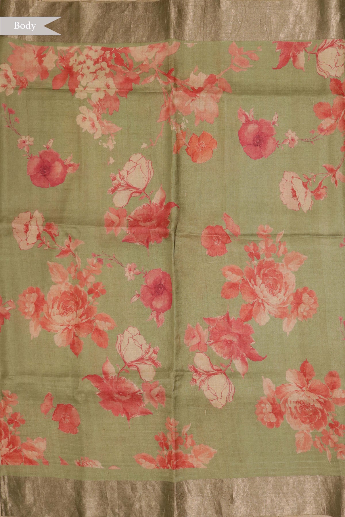 Green Tussar Silk Saree with Floral Print - Mokshaa