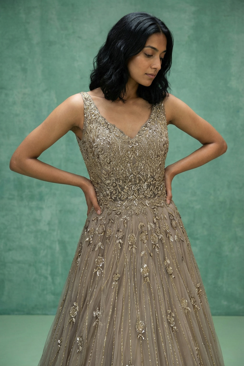 Champagne Gold Embroidered Net Gown - Mokshaa