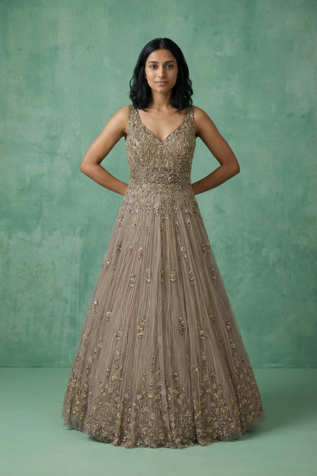 Champagne Gold Embroidered Net Gown - Mokshaa