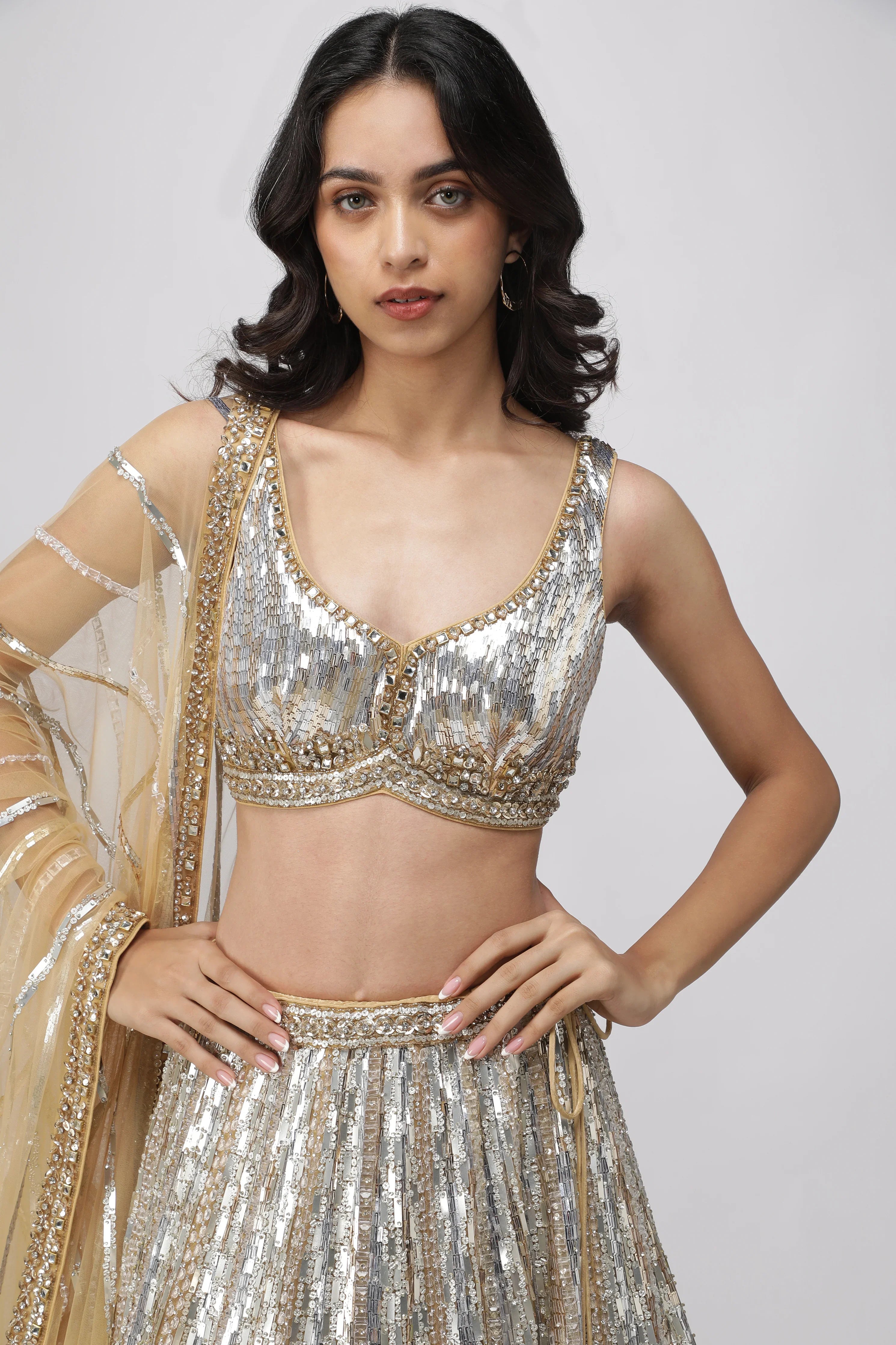 Gold Net Silver & Gold Embroidered Lehenga Set - Mokshaa