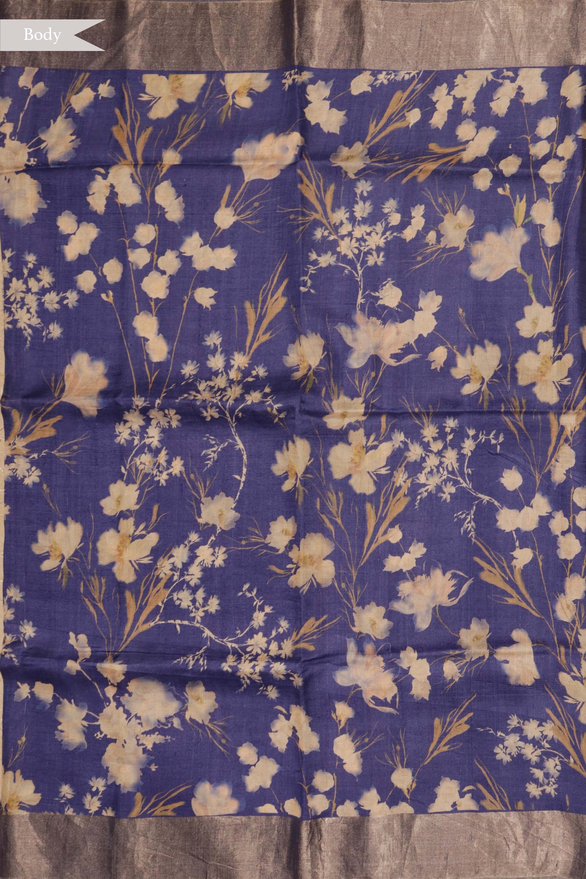 Ink Blue Floral Tussar Silk Saree - Mokshaa