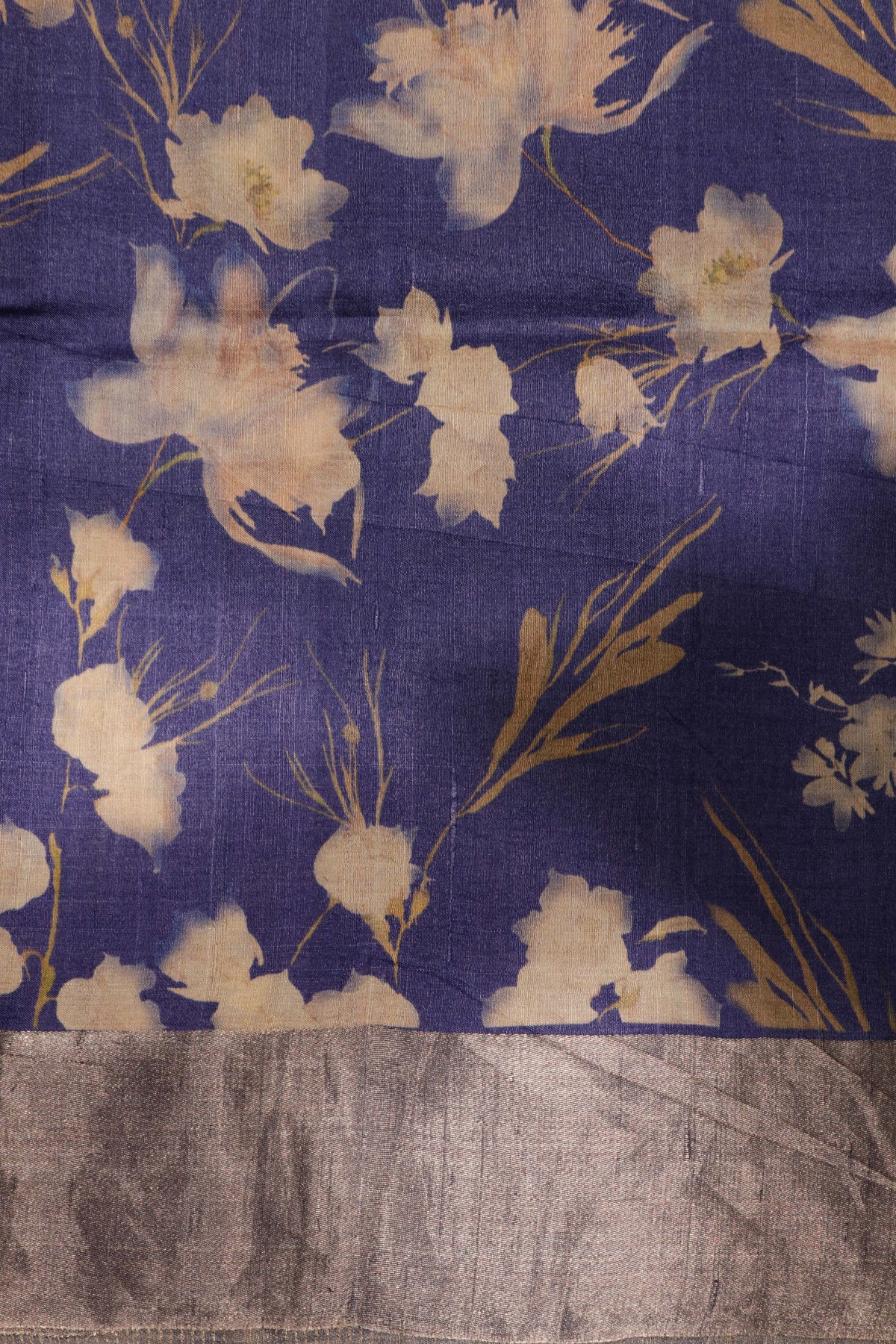 Ink Blue Floral Tussar Silk Saree - Mokshaa
