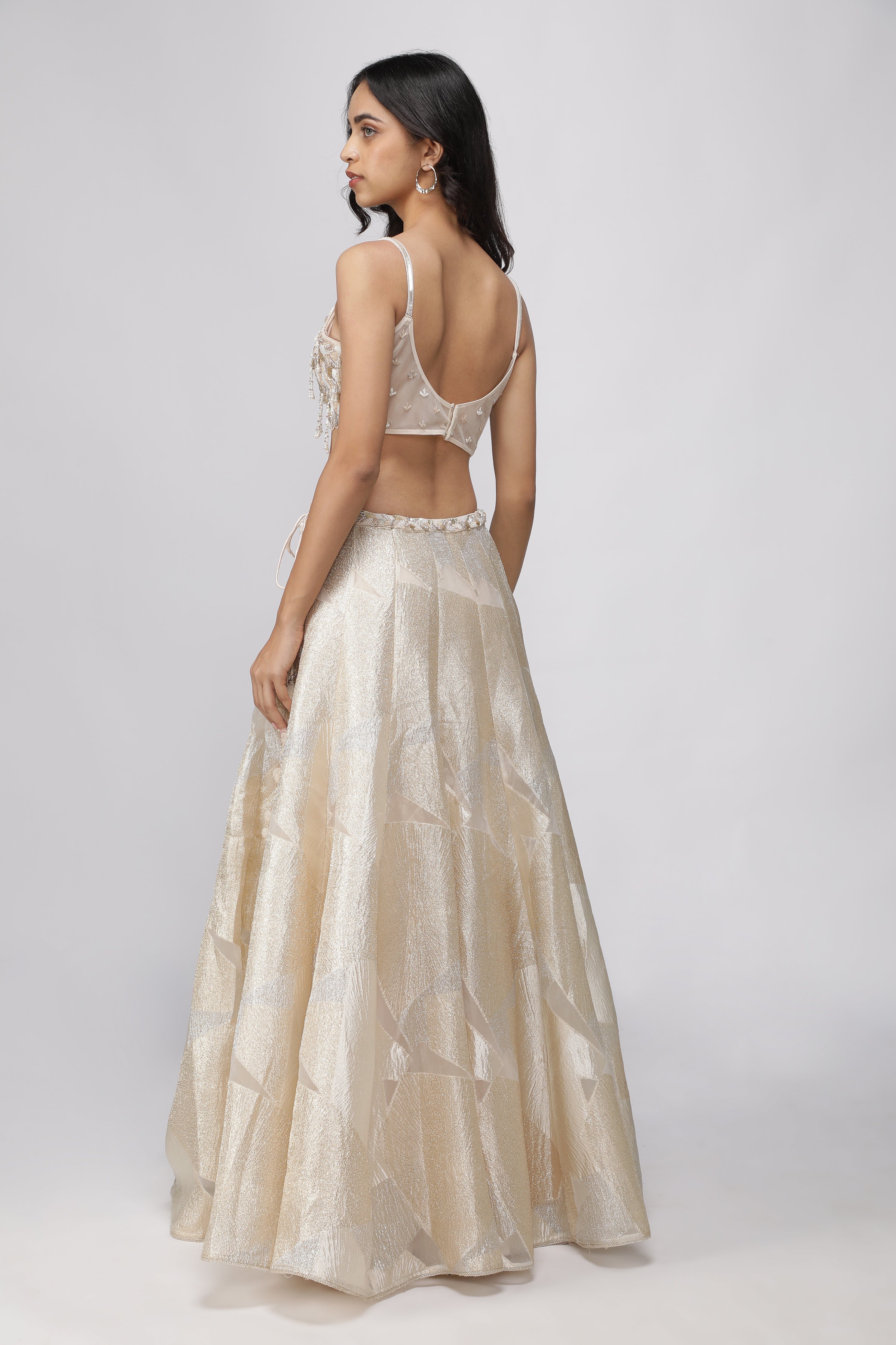 Off-White Gold & Silver Woven Organza Crop Top Lehenga Set - Mokshaa