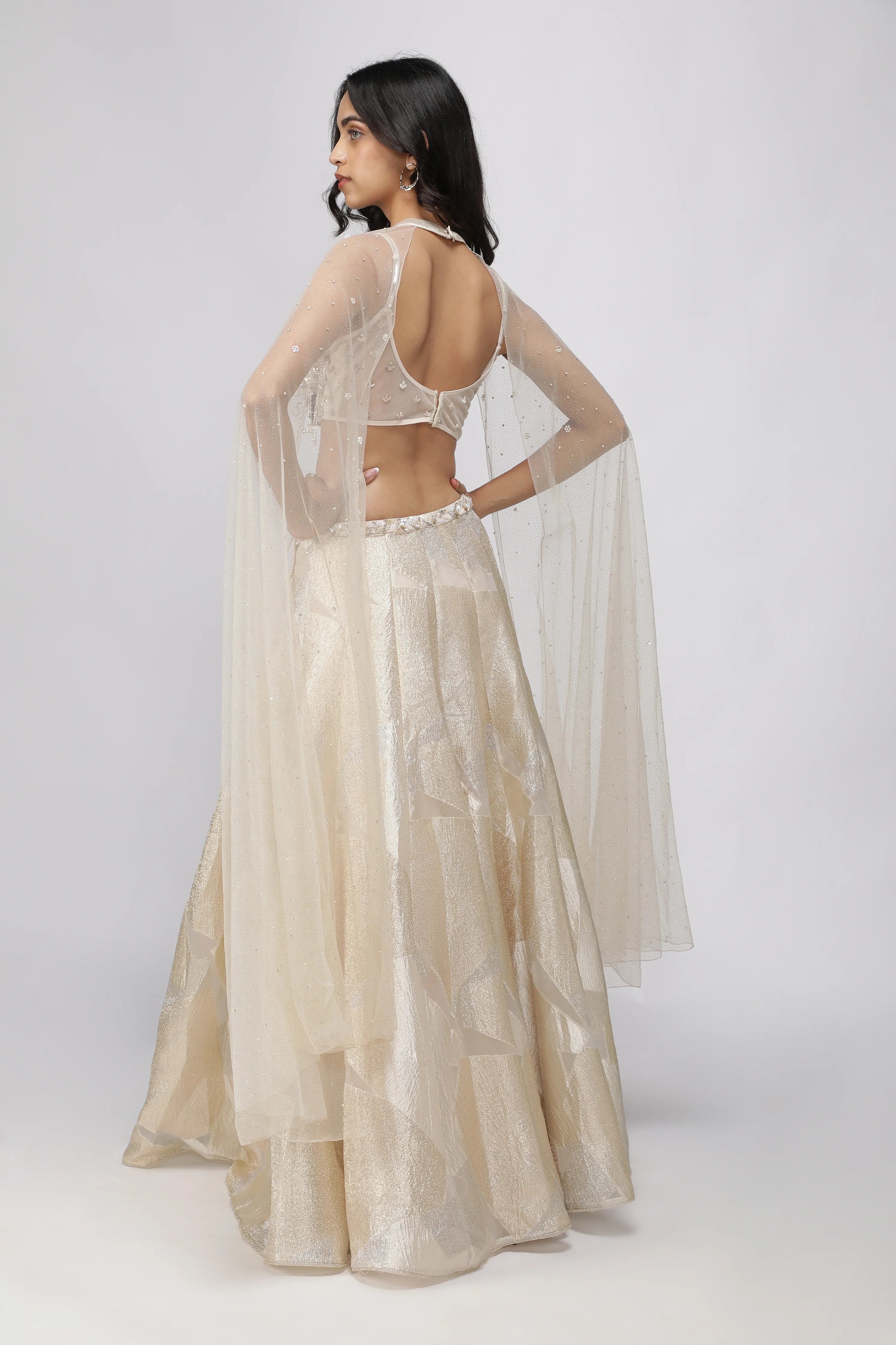 Off-White Gold & Silver Woven Organza Crop Top Lehenga Set - Mokshaa