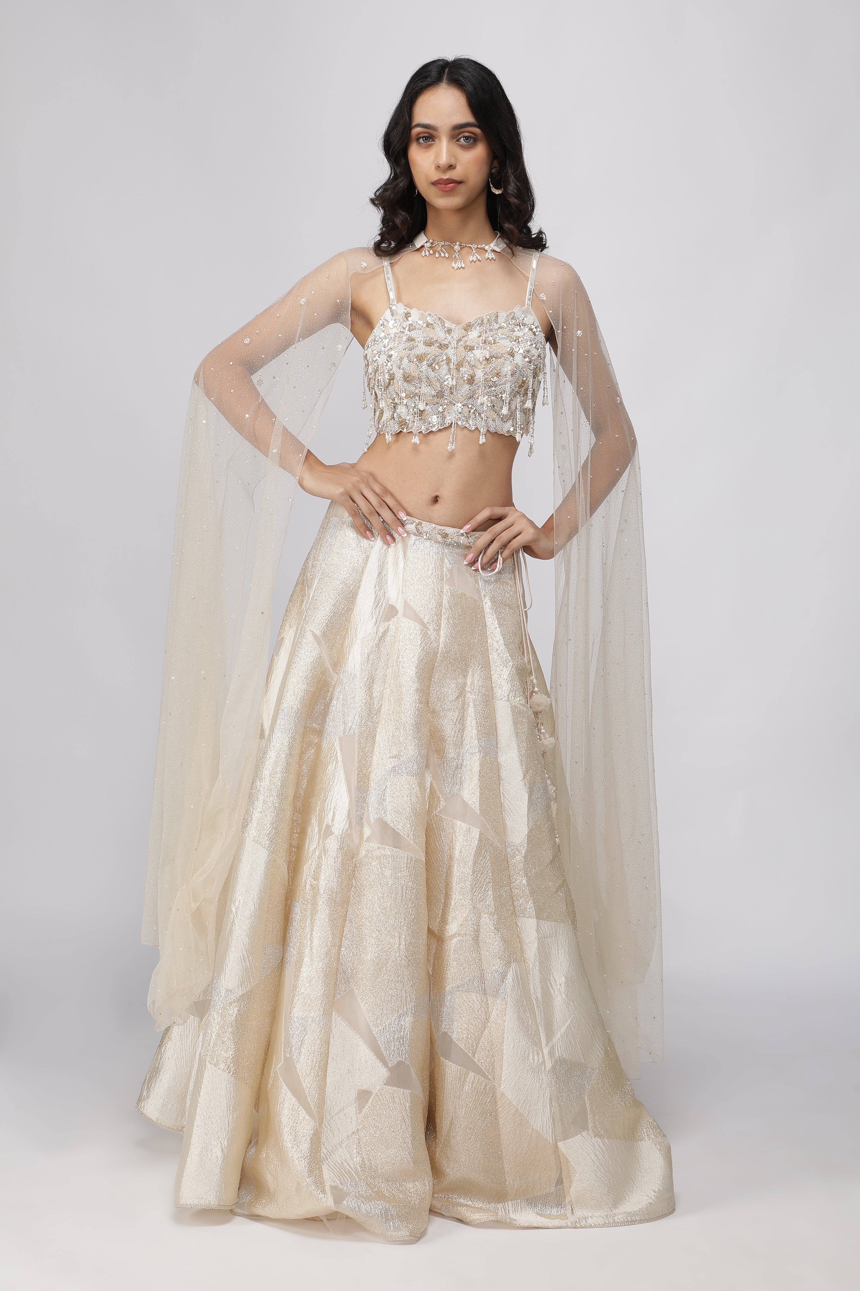 Off-White Gold & Silver Woven Organza Crop Top Lehenga Set - Mokshaa