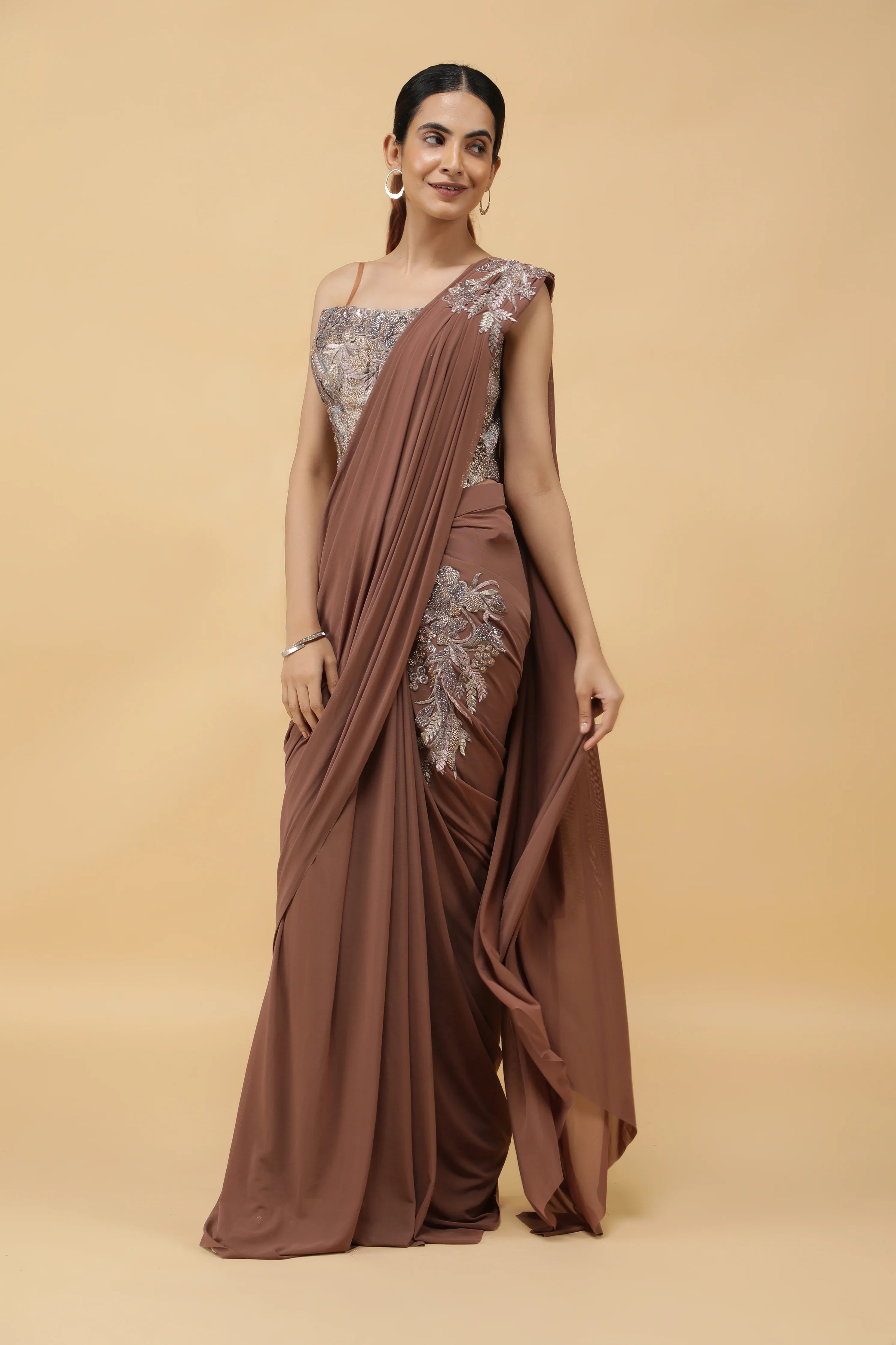 Mocha Lycra Net Drape Saree with Pastel Embroidered Corset Blouse - Mokshaa