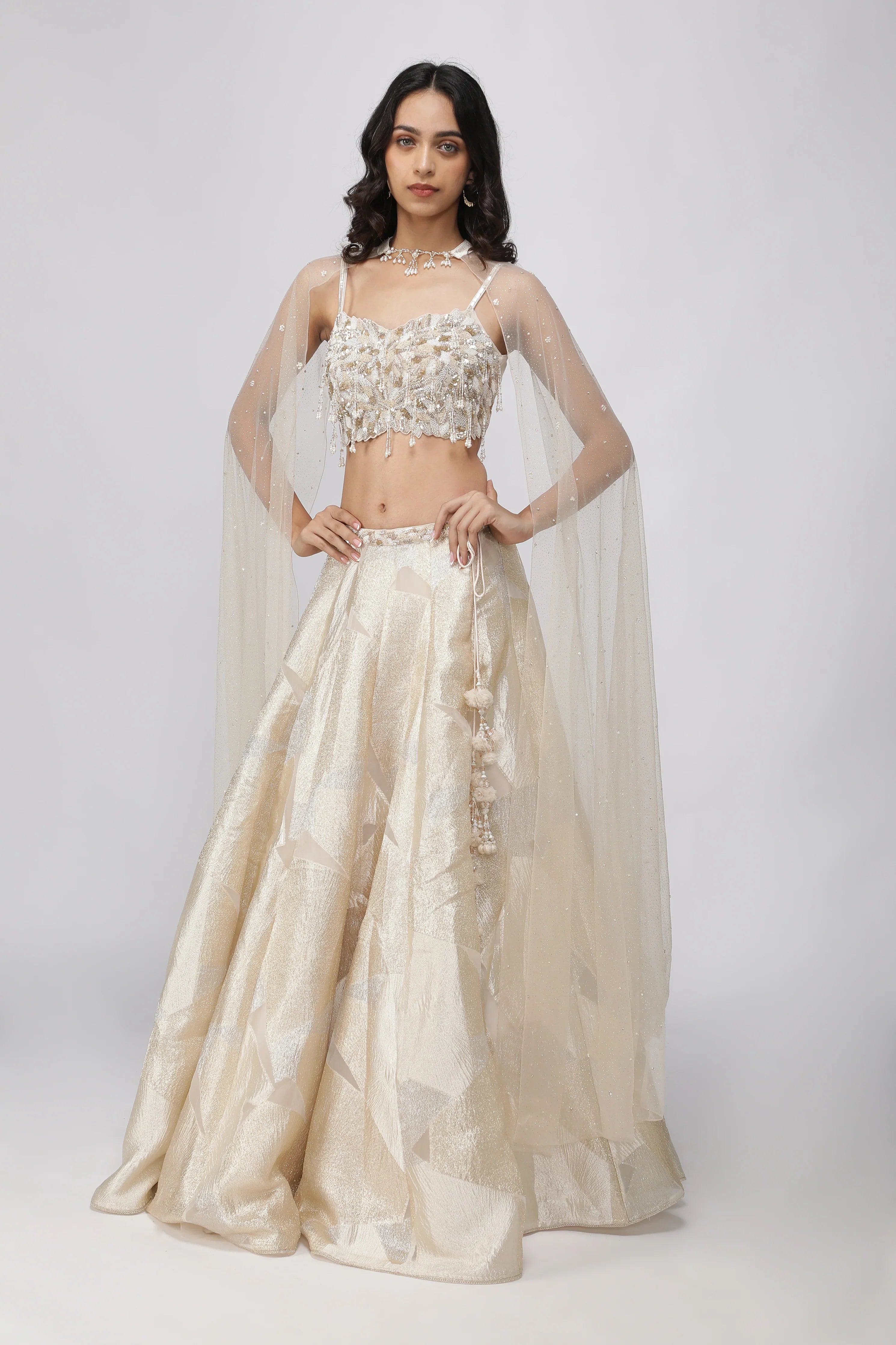 Off-White Gold & Silver Woven Organza Crop Top Lehenga Set - Mokshaa